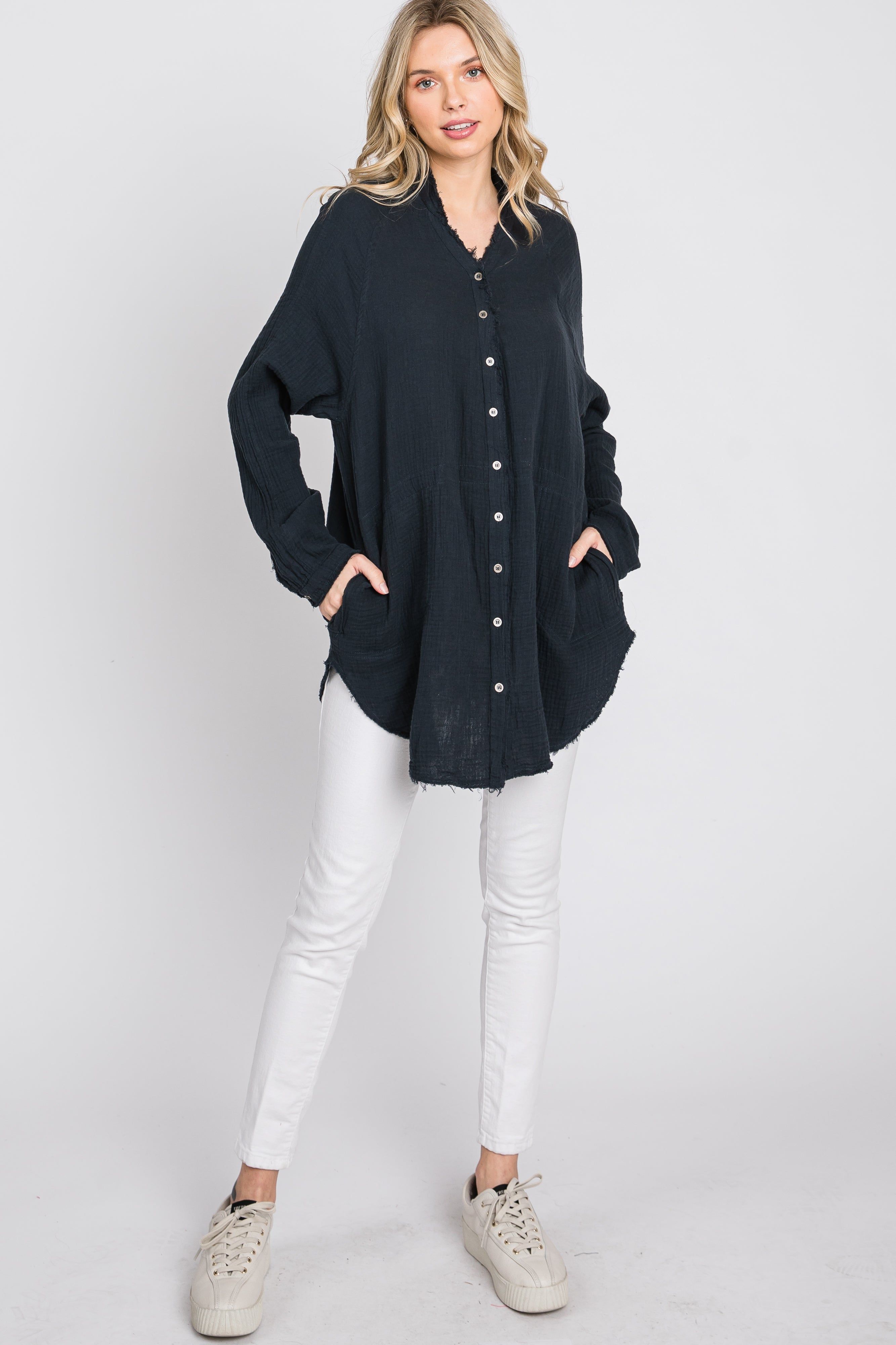 Navy Distressed Seam Button Down Top sold by Pinkblush product image thumbnail 2
