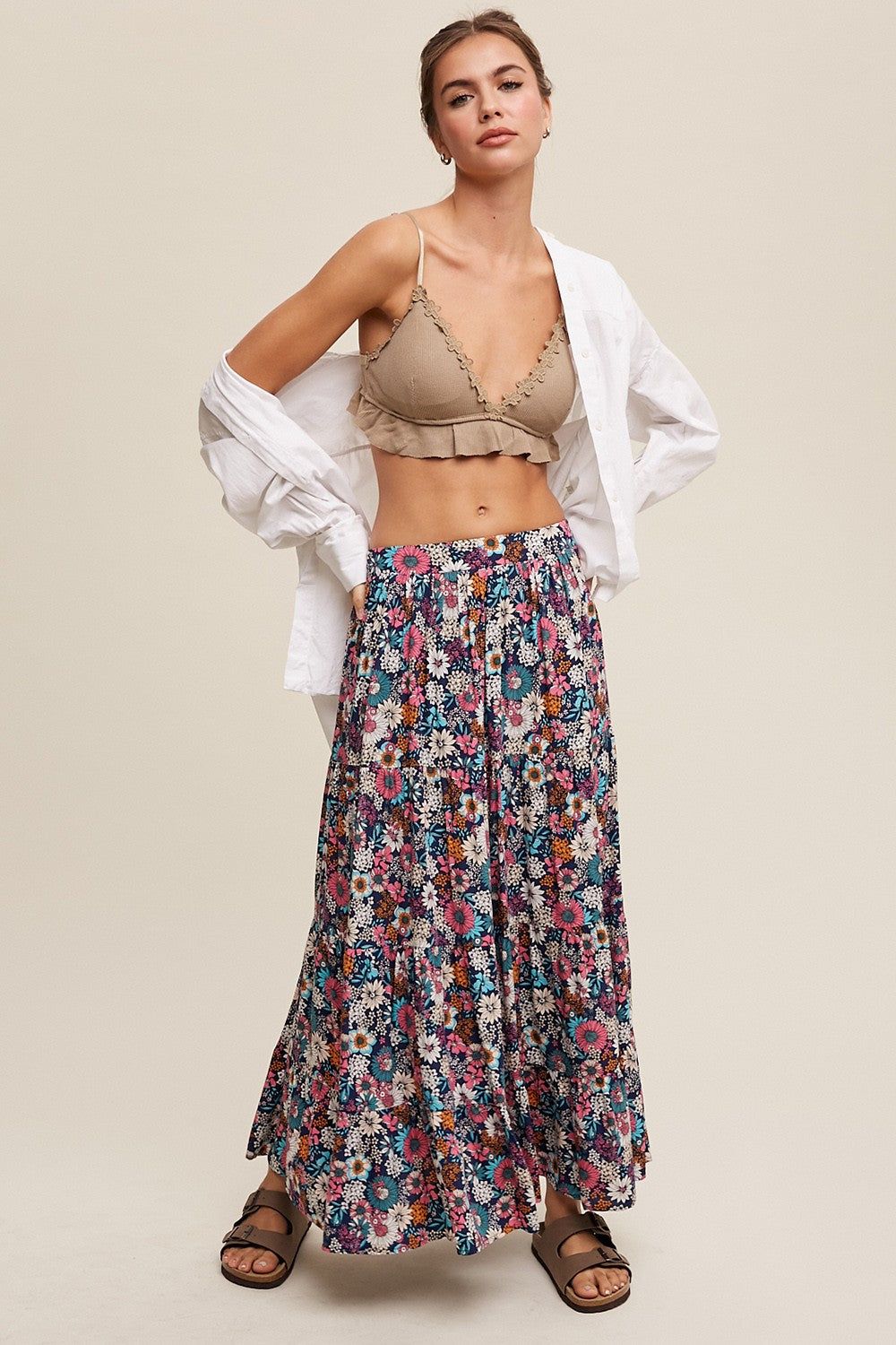 Navy Floral Tiered Midi Skirt sold by Pinkblush