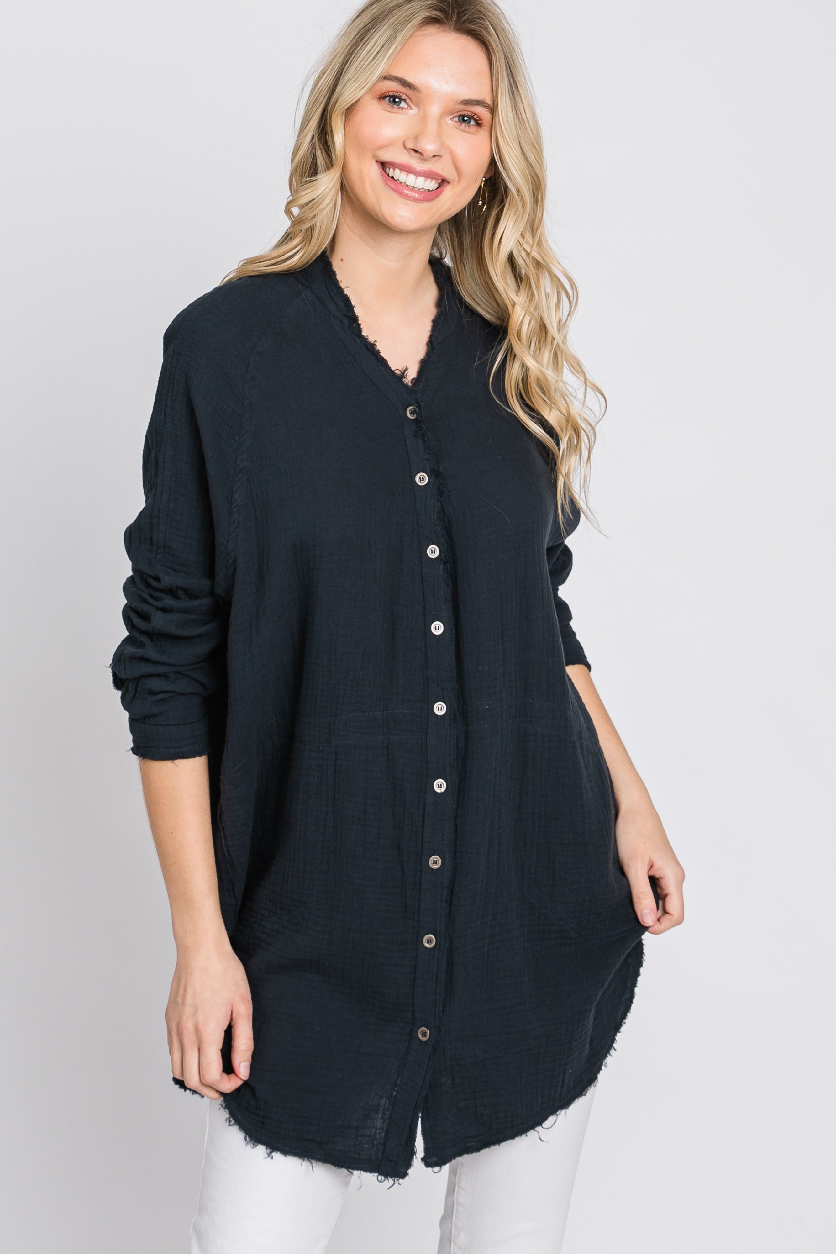 Navy Distressed Seam Button Down Top sold by Pinkblush product image thumbnail 9