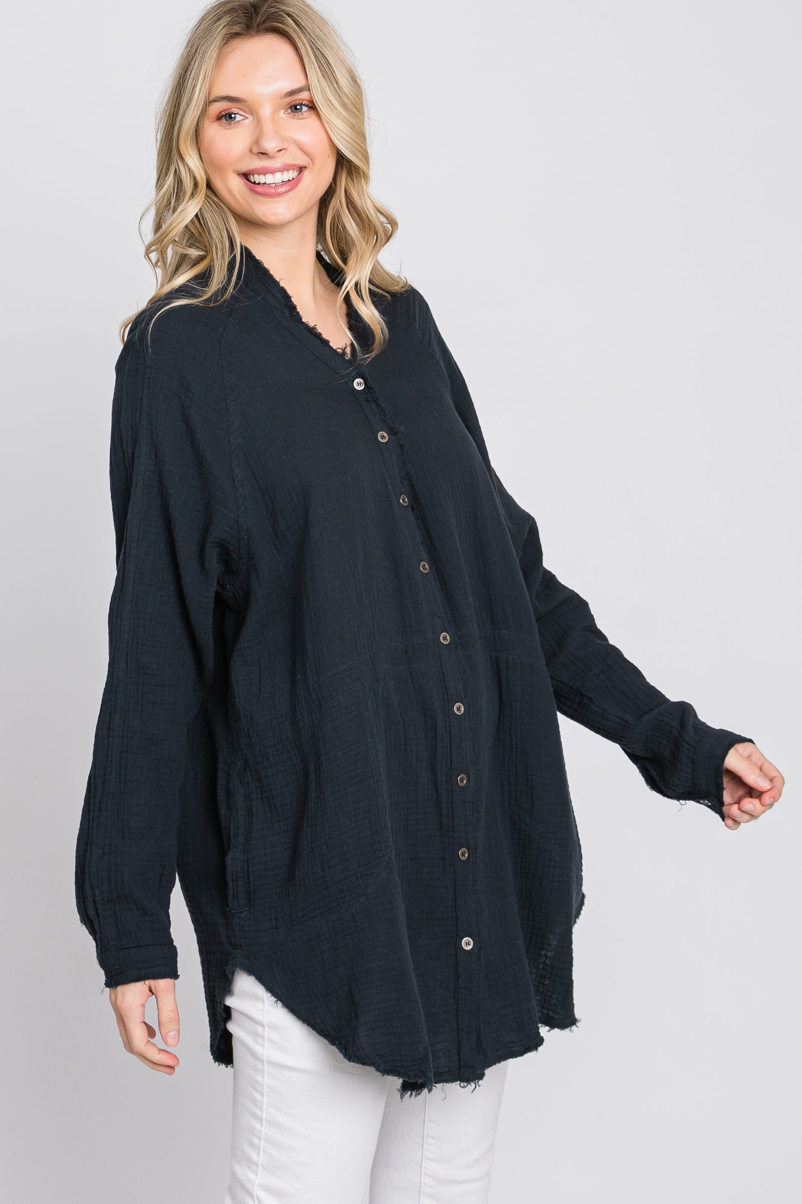 Navy Distressed Seam Button Down Top sold by Pinkblush product image thumbnail 6