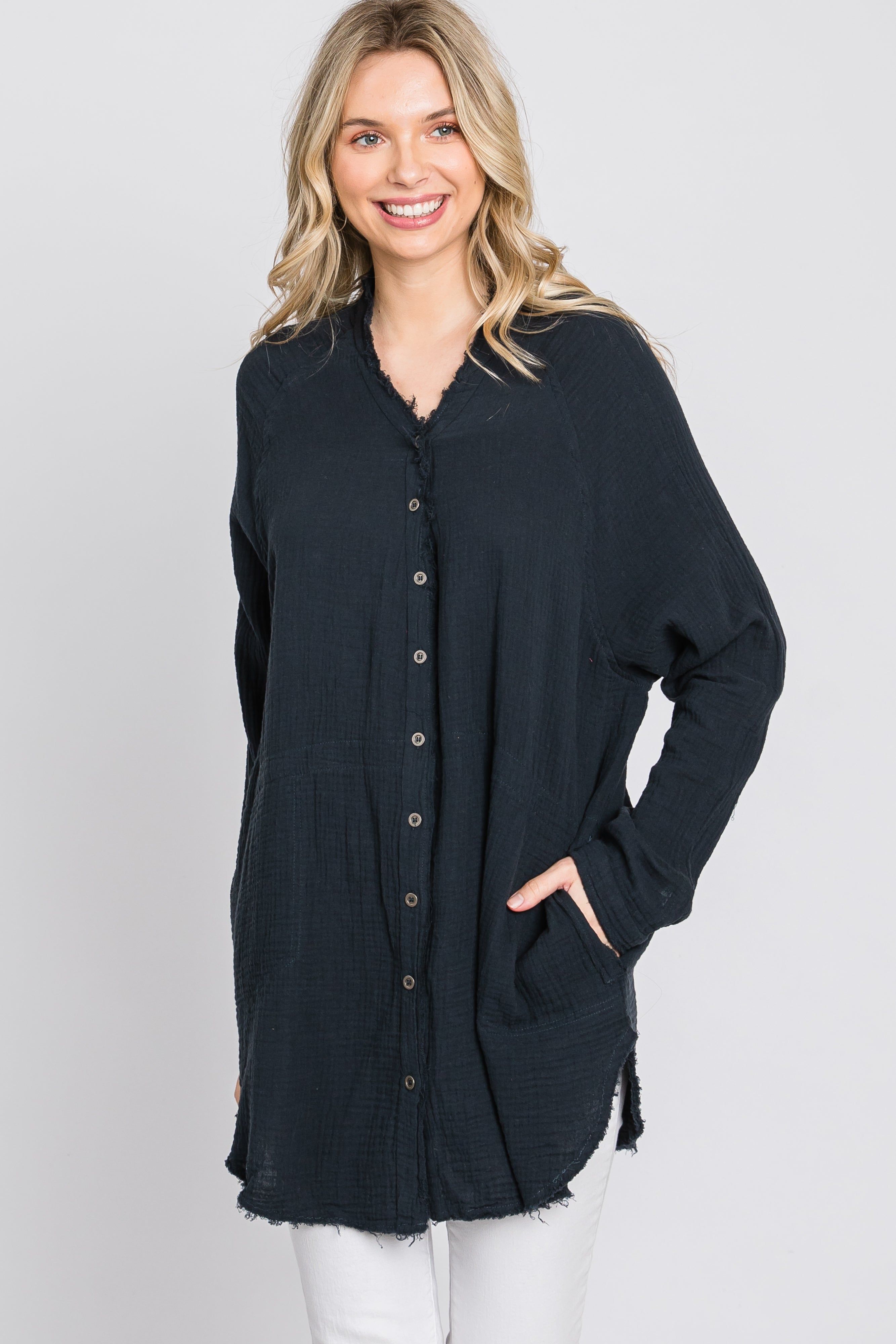 Navy Distressed Seam Button Down Top sold by Pinkblush product image thumbnail 3