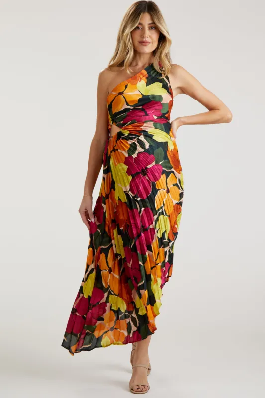 Fuchsia Floral Satin Pleated One Shoulder Asymmetrical Maternity Midi Dress sold by Pinkblush