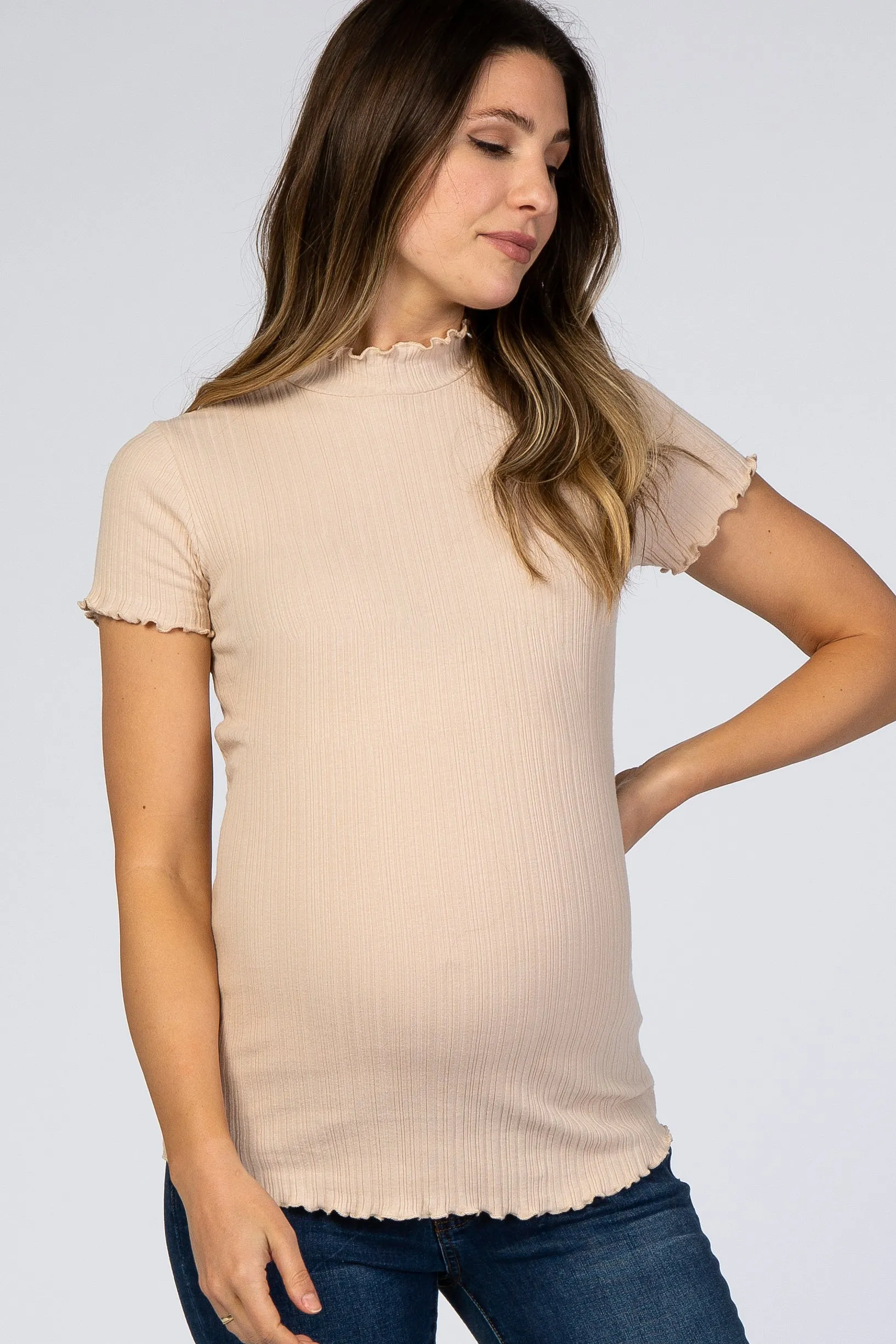 Cream Ribbed Ruffle Trim Maternity Top sold by Pinkblush