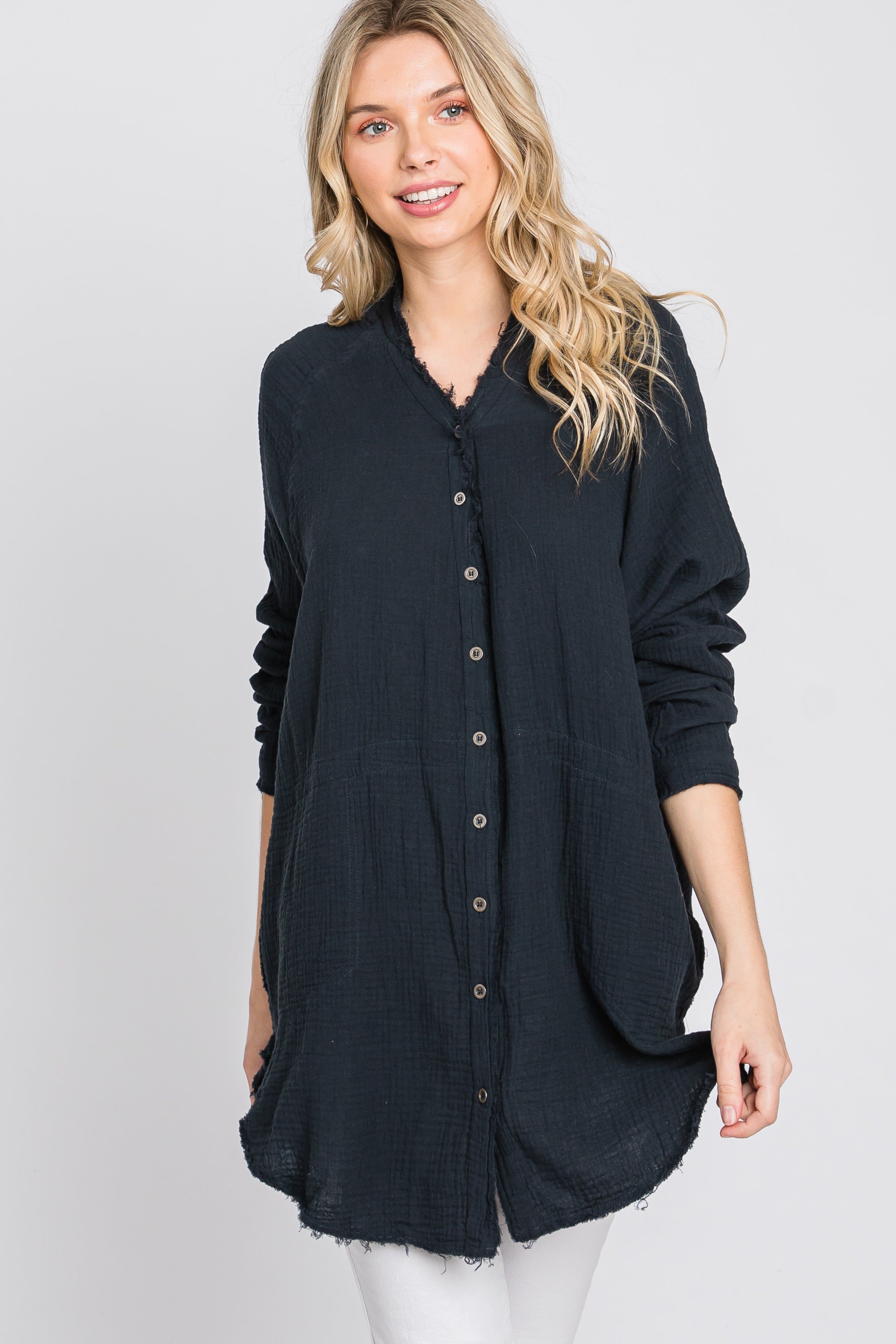 Navy Distressed Seam Button Down Top sold by Pinkblush product image thumbnail 10
