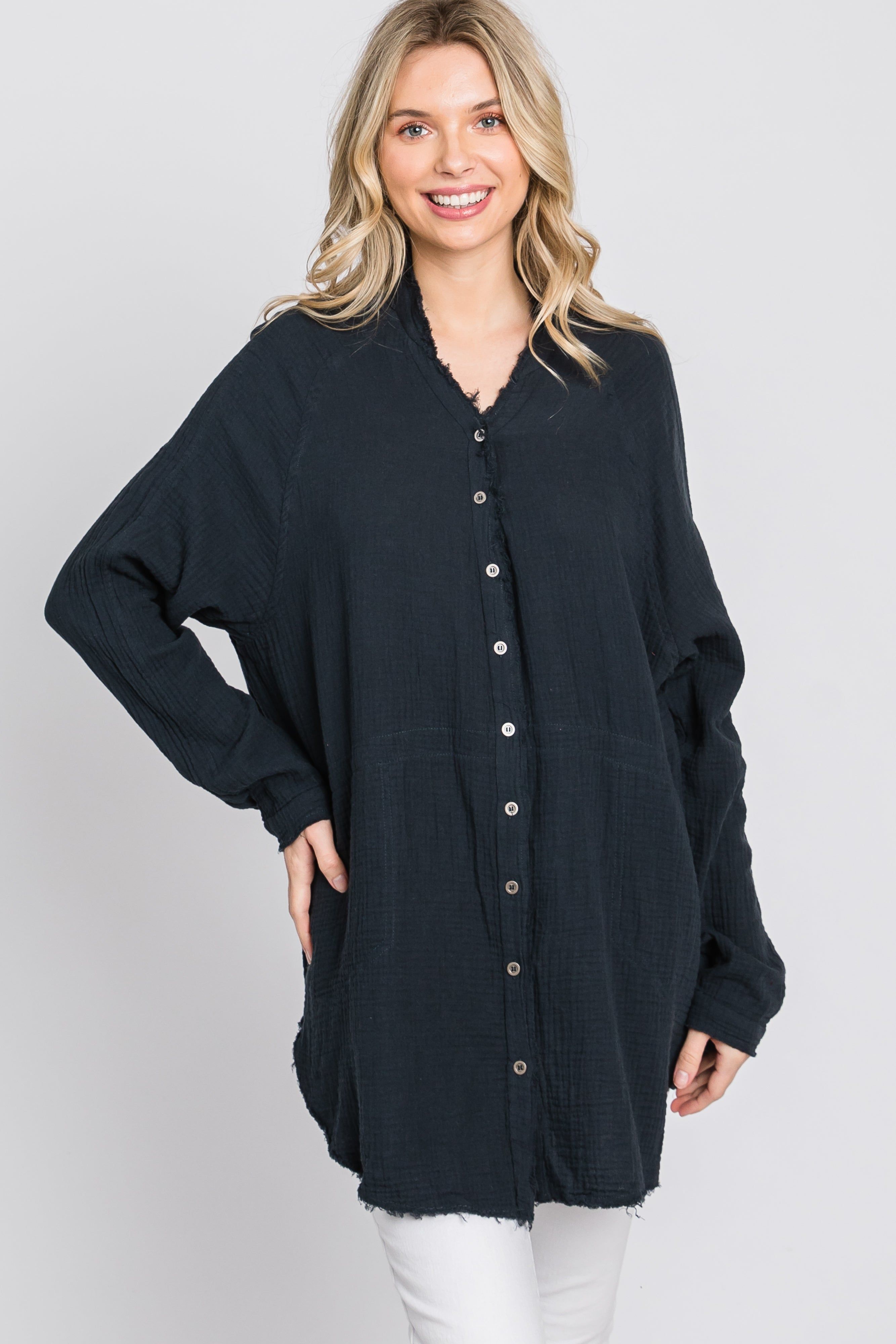 Navy Distressed Seam Button Down Top sold by Pinkblush product image thumbnail 4