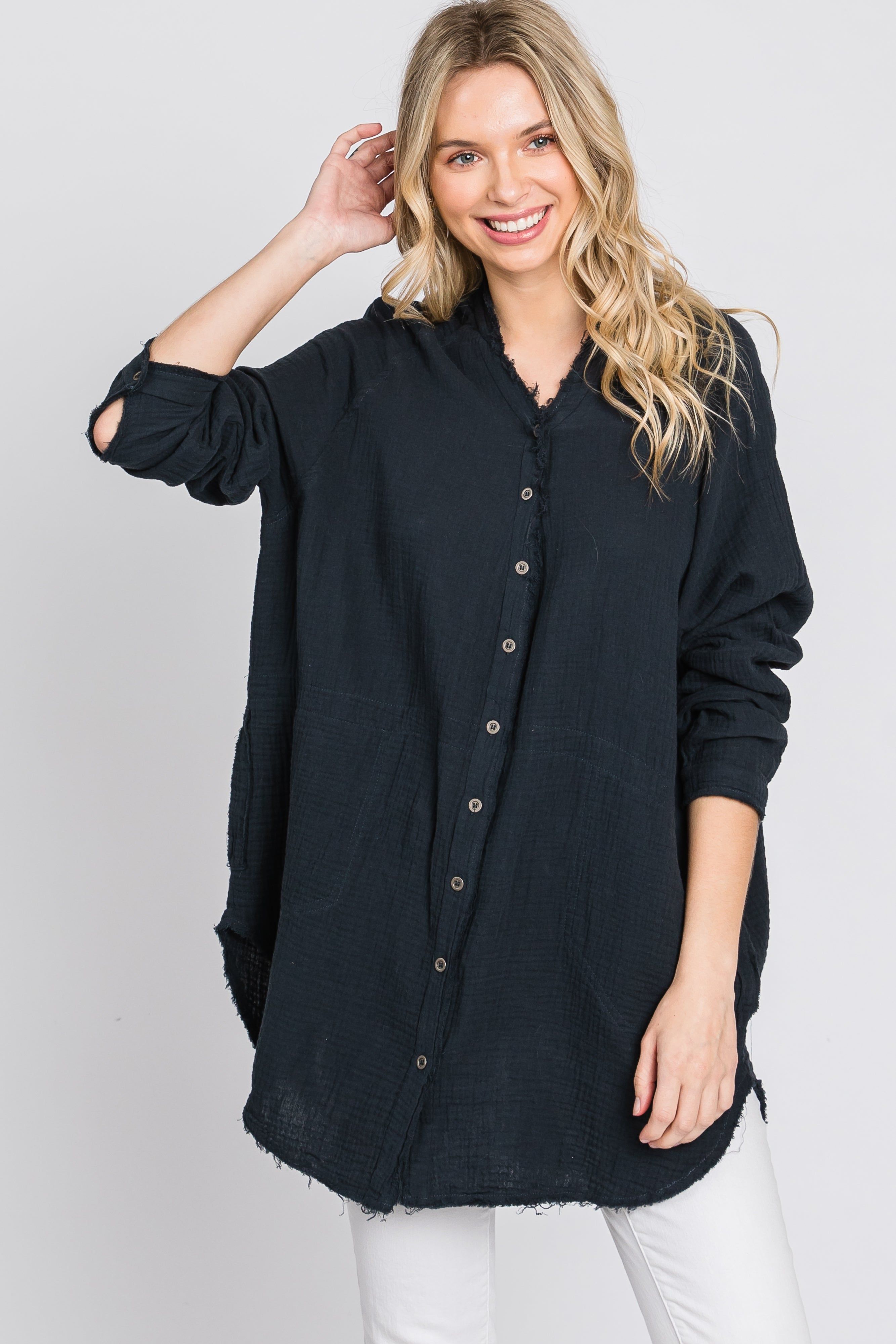 Navy Distressed Seam Button Down Top sold by Pinkblush