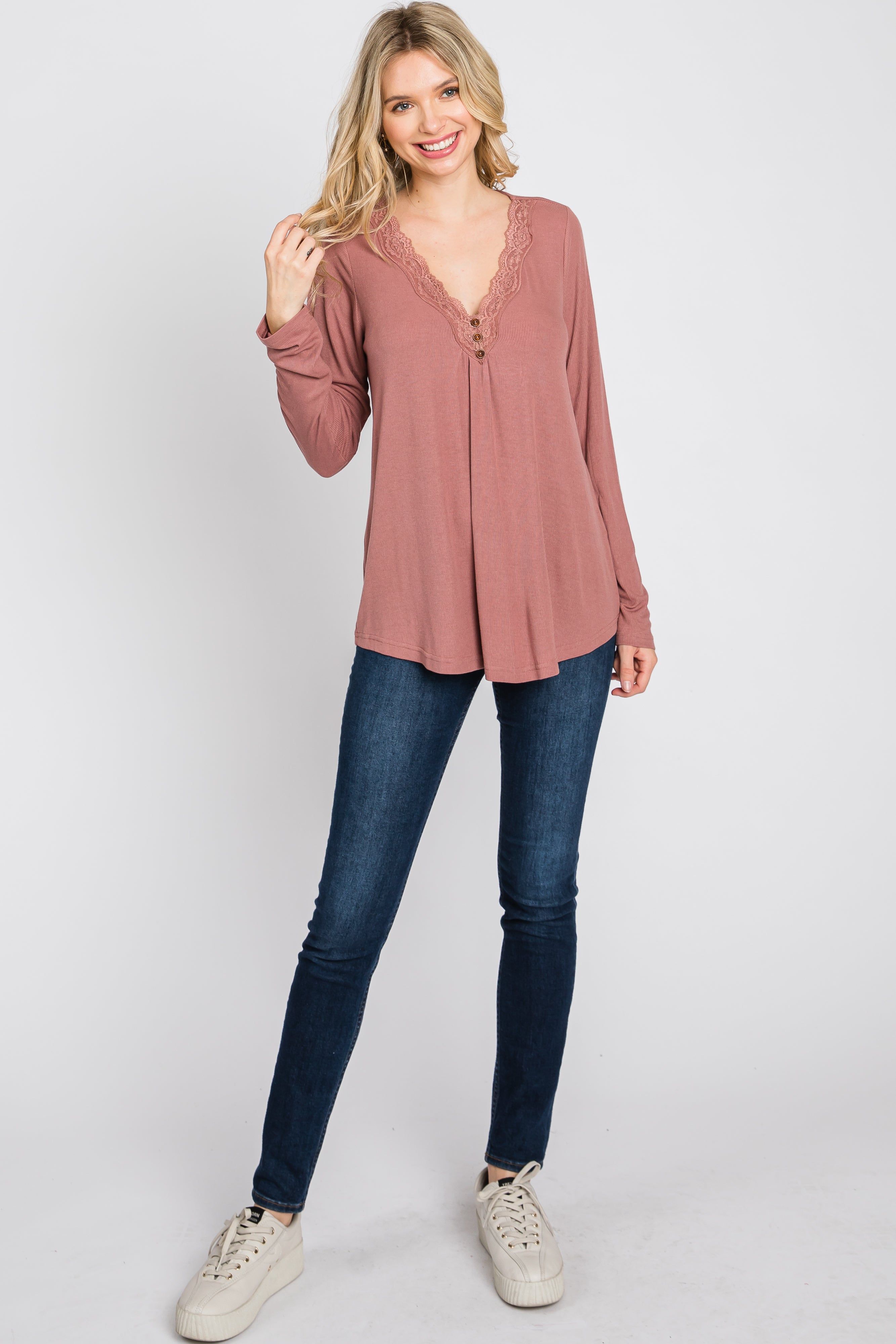 Mauve Lace Trim Long Sleeve Top sold by Pinkblush product image thumbnail 2