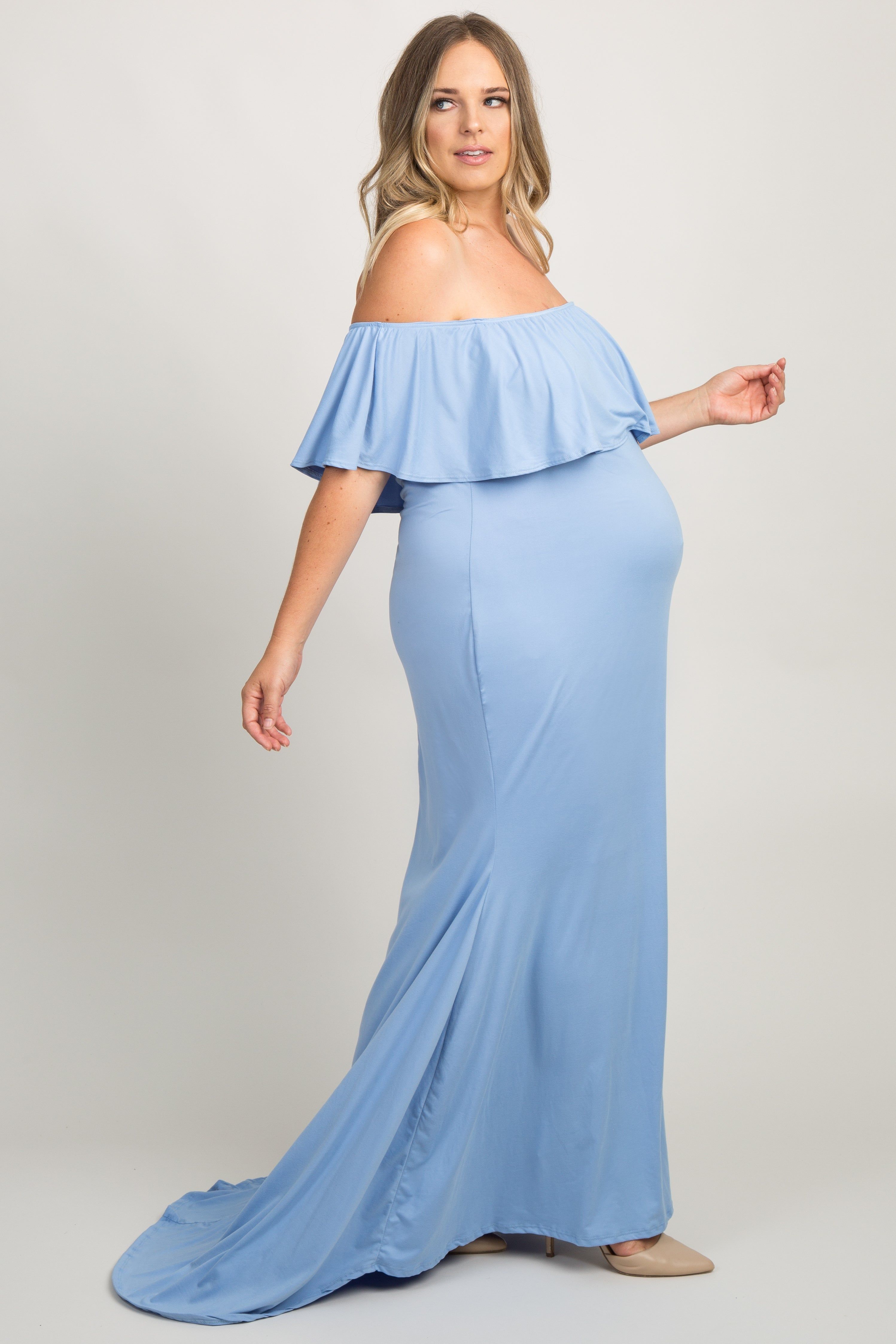 Blue Ruffle Off Shoulder Mermaid Maternity Plus Photoshoot Gown/Dress sold by Pinkblush product image thumbnail 2