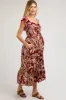 Burgundy Tropical Print Smocked Short Sleeve Maternity Maxi Dress sold by Pinkblush
