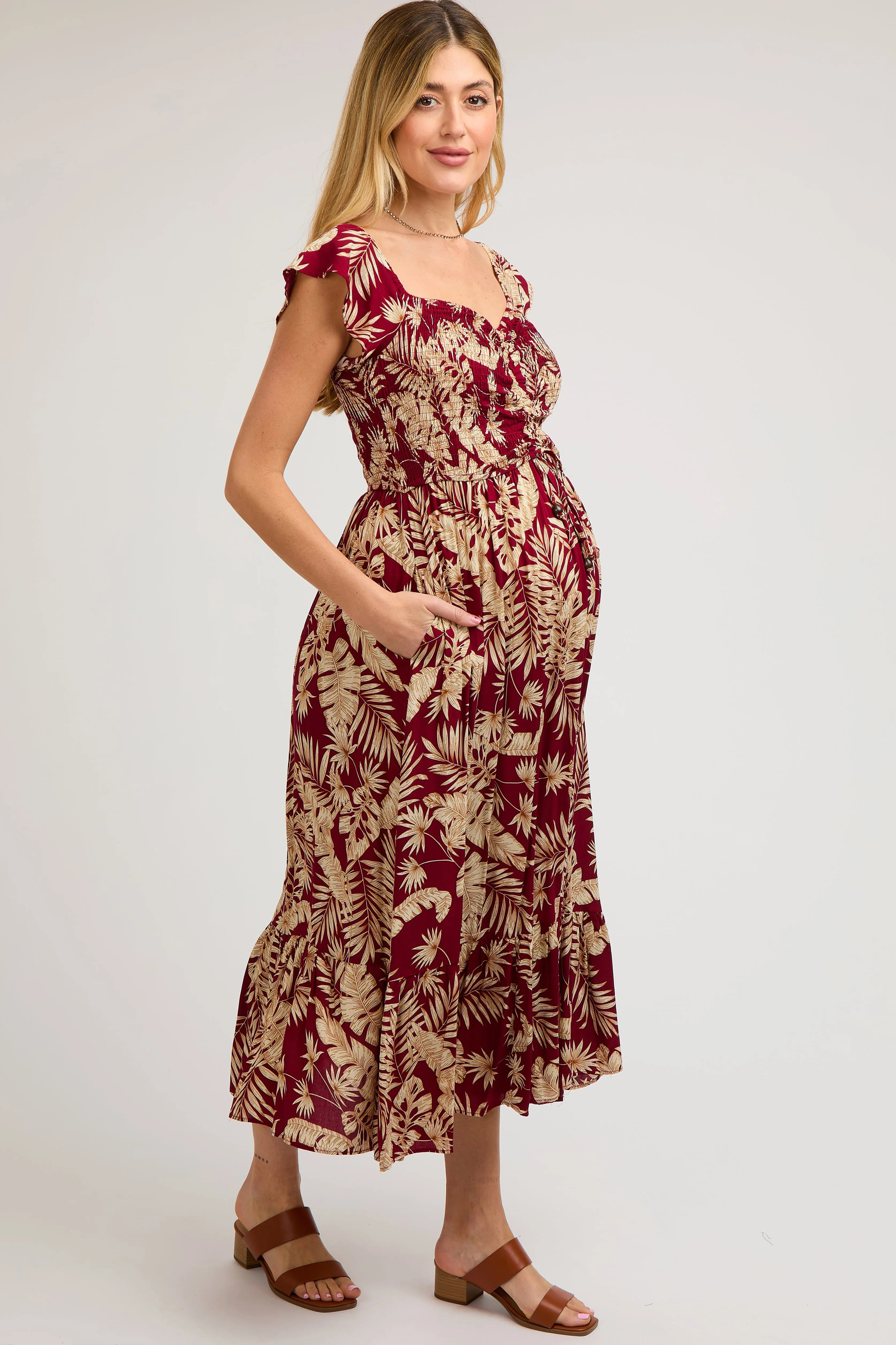 Burgundy Tropical Print Smocked Short Sleeve Maternity Maxi Dress sold by Pinkblush product image thumbnail 3