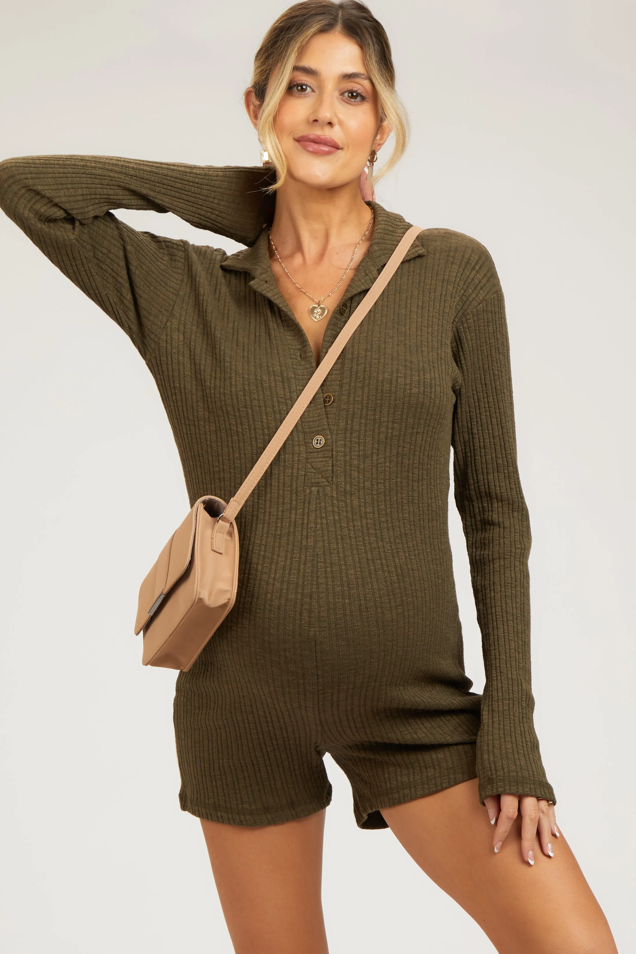 Olive Rib Knit Collared Maternity Romper sold by Pinkblush