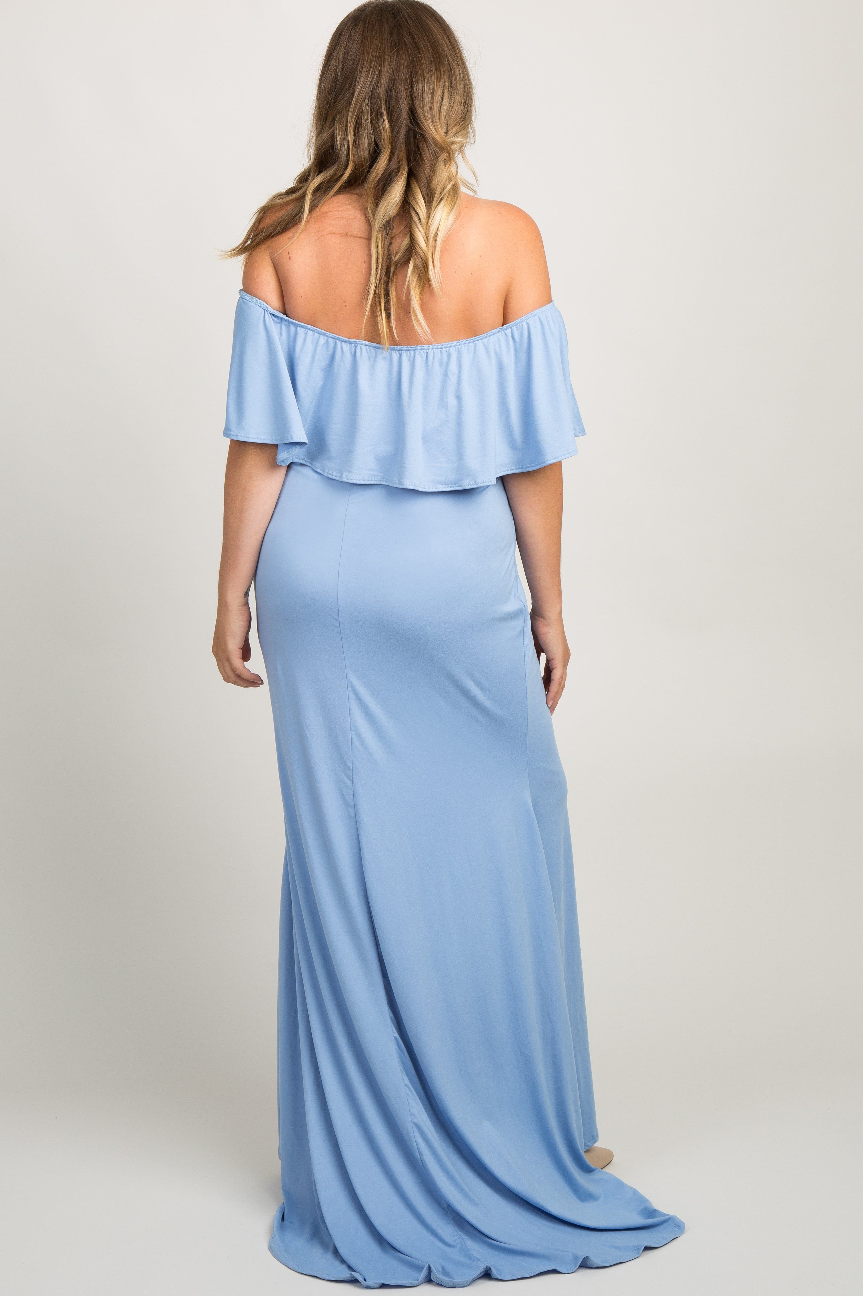 Blue Ruffle Off Shoulder Mermaid Maternity Plus Photoshoot Gown/Dress sold by Pinkblush product image thumbnail 3