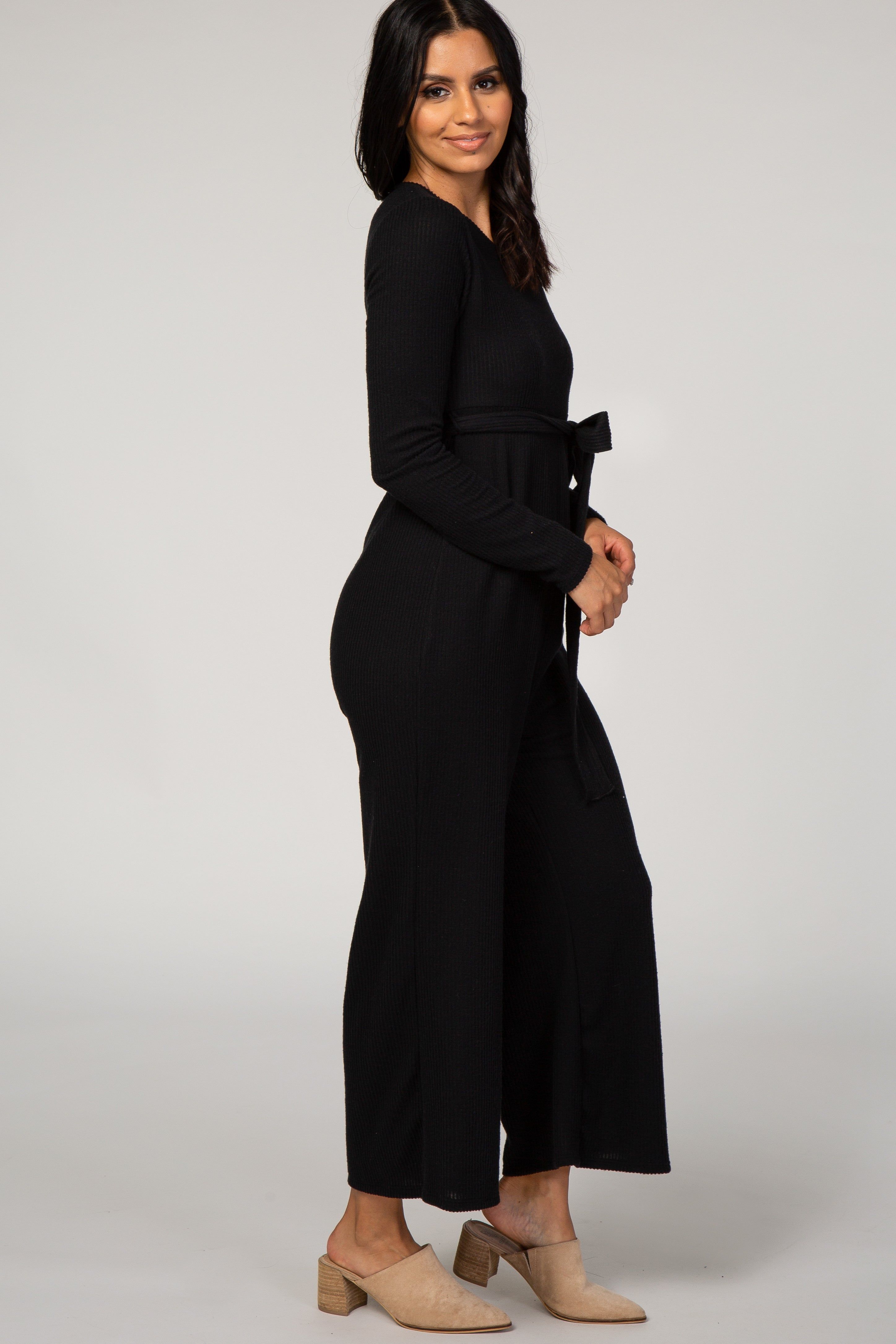 Black Ribbed Knit Long Sleeve Wide Leg Jumpsuit sold by Pinkblush product image thumbnail 2
