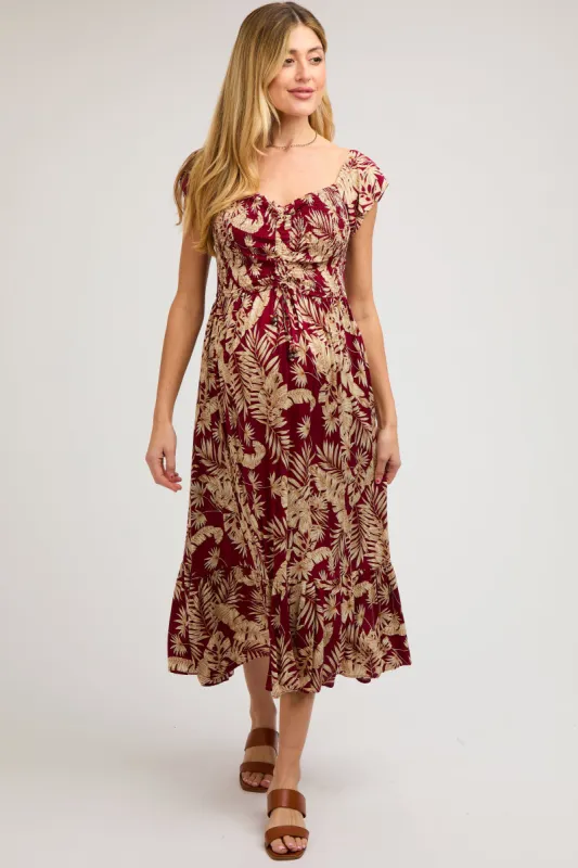 Burgundy Tropical Print Smocked Short Sleeve Maternity Maxi Dress sold by Pinkblush
