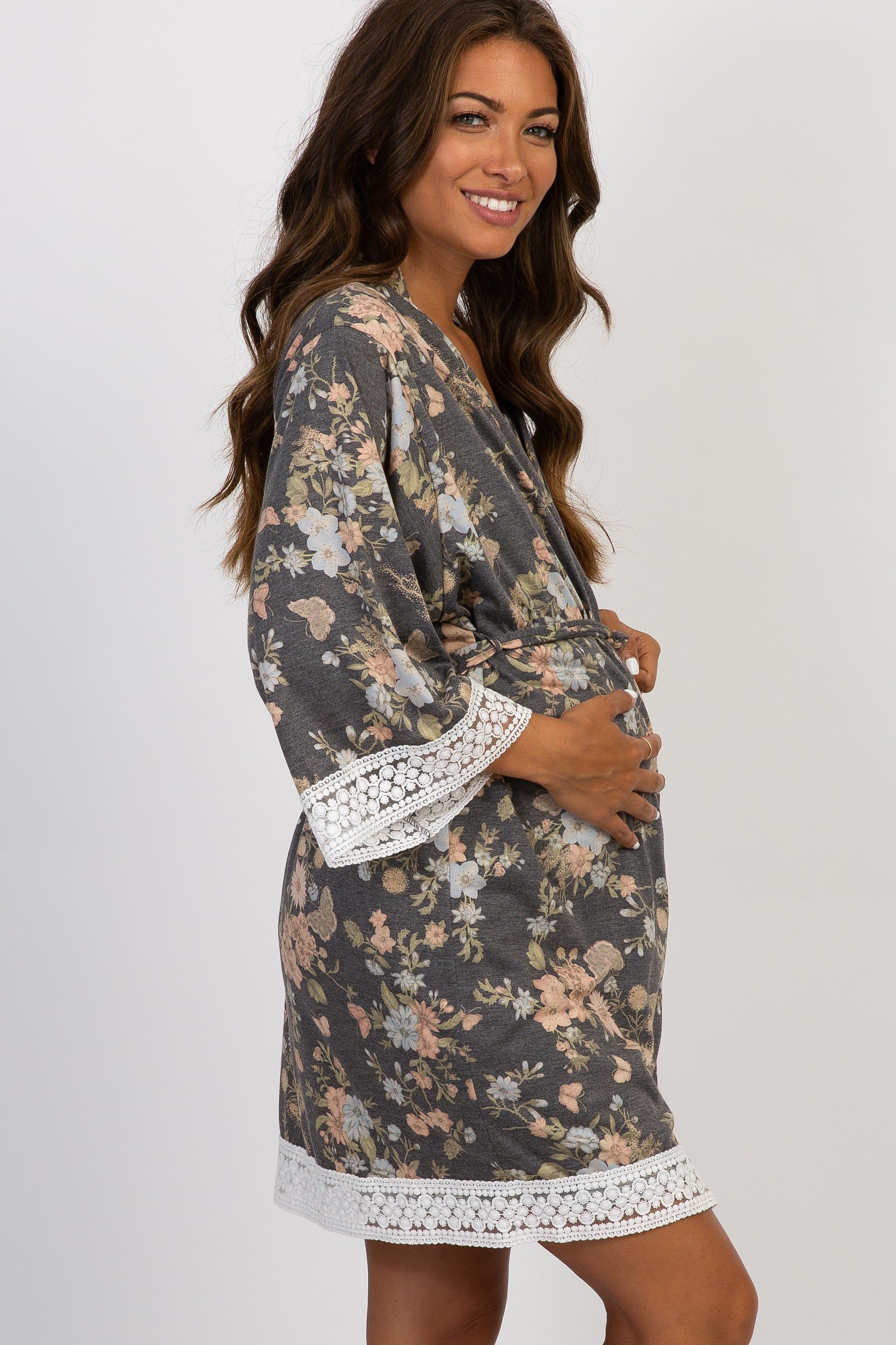 PinkBlush Charcoal Floral Crochet Trim Delivery/Nursing Maternity Robe sold by Pinkblush product image thumbnail 2