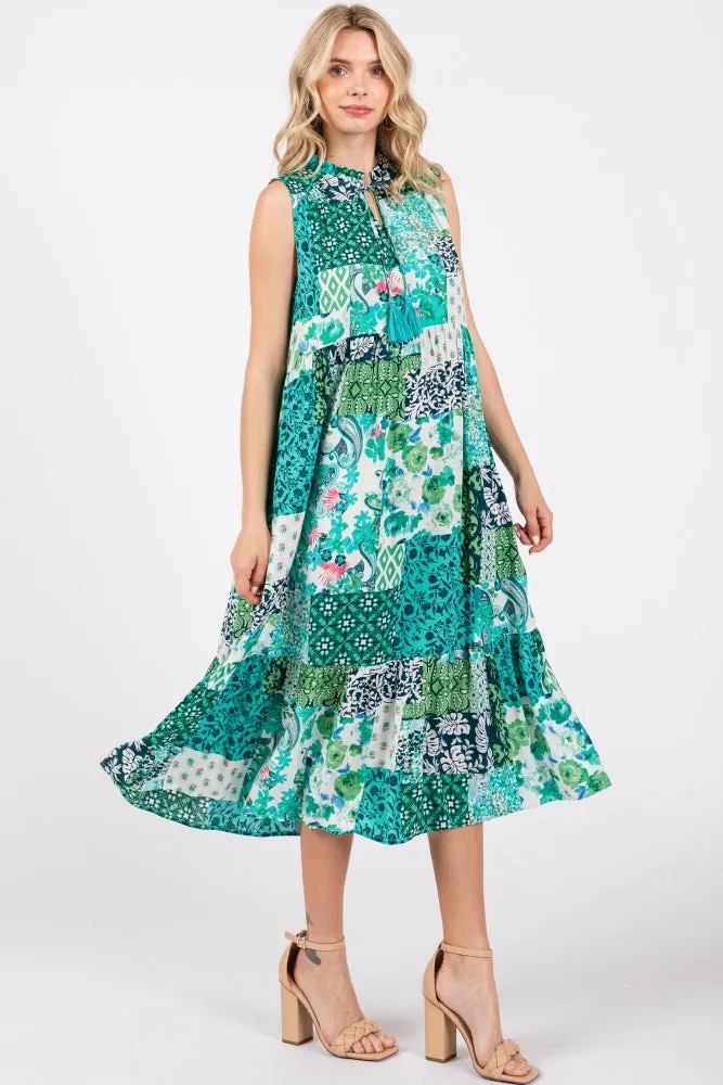 Emerald Green Floral Paisley Tassel Tie Ruffle Hem Midi Dress sold by Pinkblush product image thumbnail 2