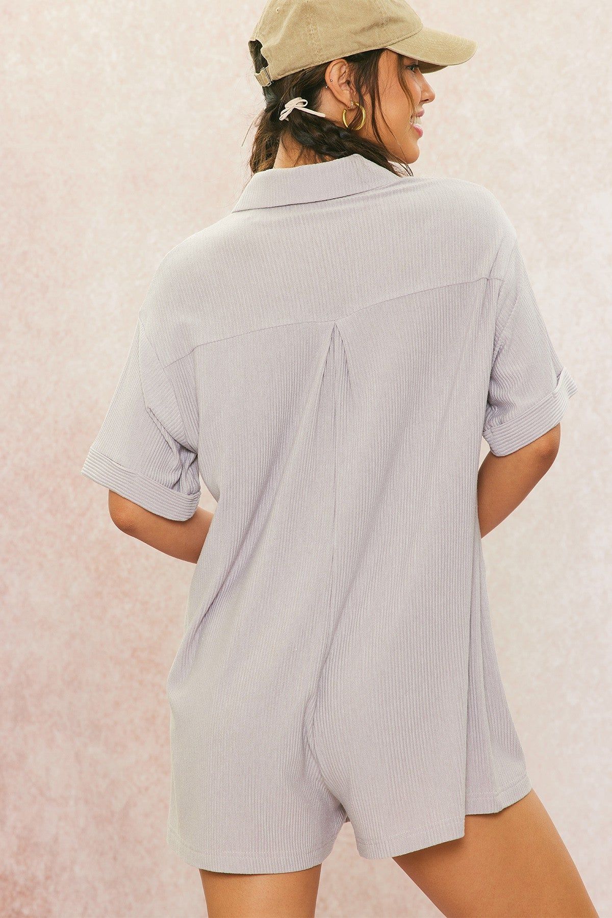 Grey Ribbed Button Down Romper sold by Pinkblush product image thumbnail 3