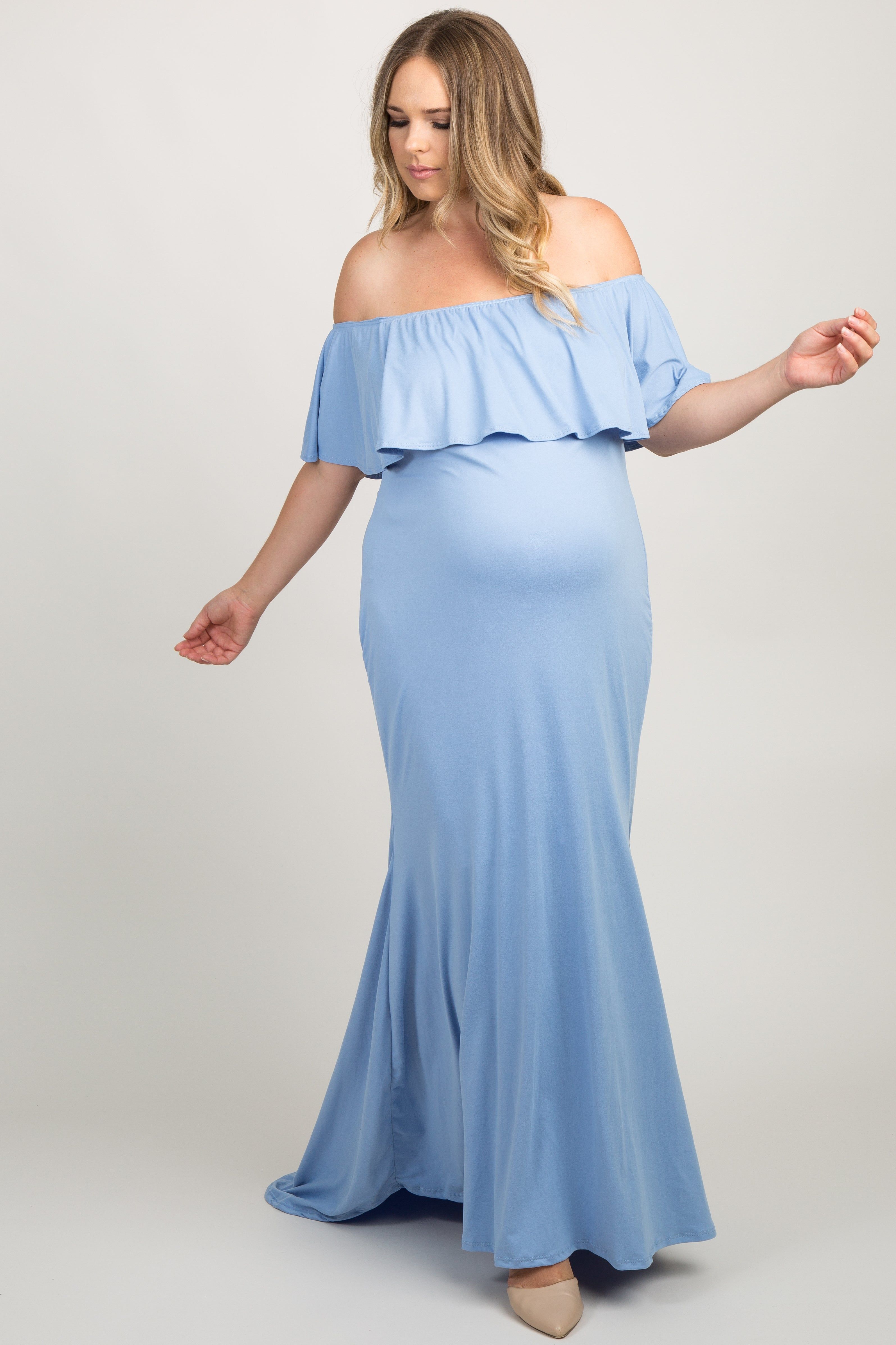 Blue Ruffle Off Shoulder Mermaid Maternity Plus Photoshoot Gown/Dress sold by Pinkblush