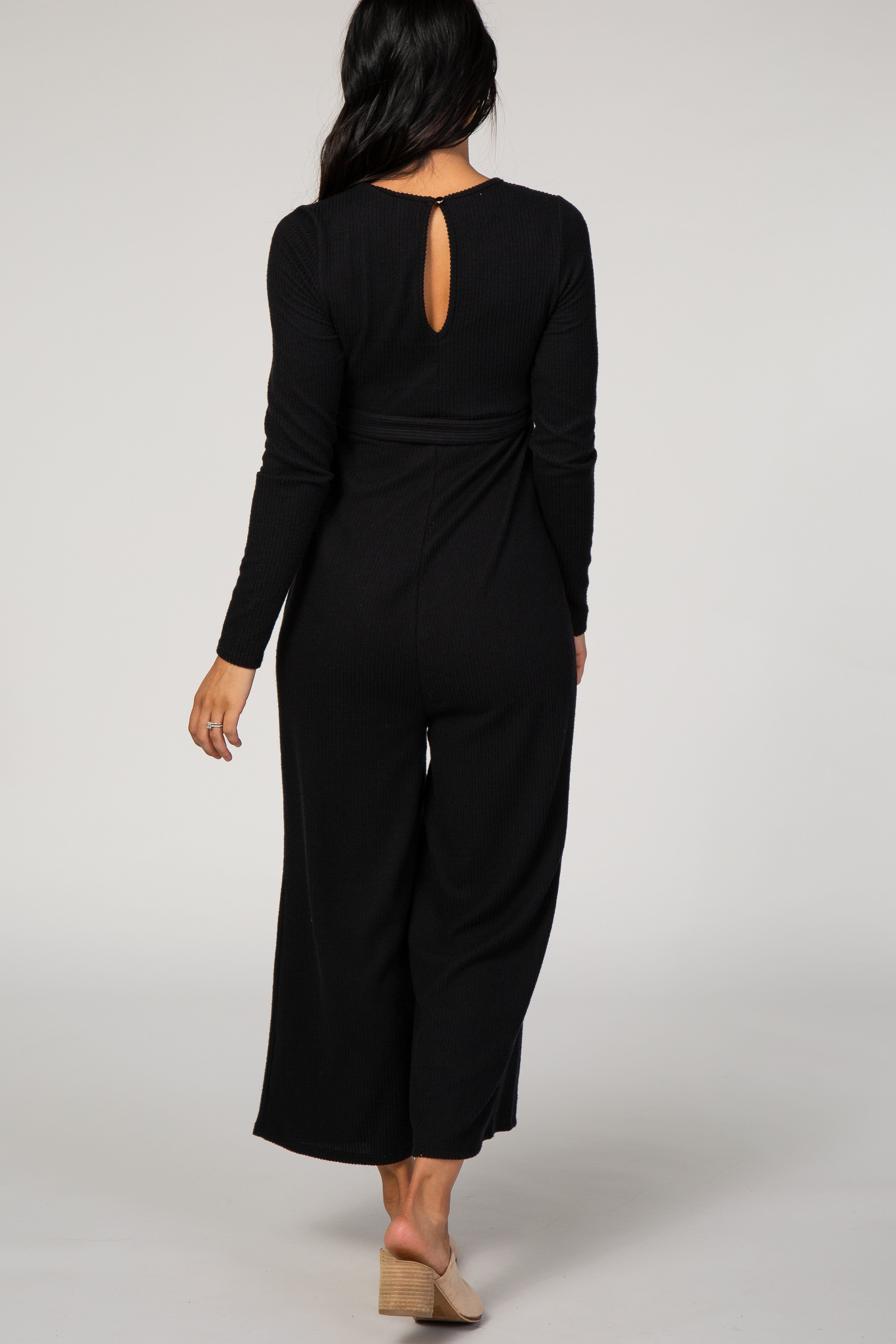 Black Ribbed Knit Long Sleeve Wide Leg Jumpsuit sold by Pinkblush product image thumbnail 3