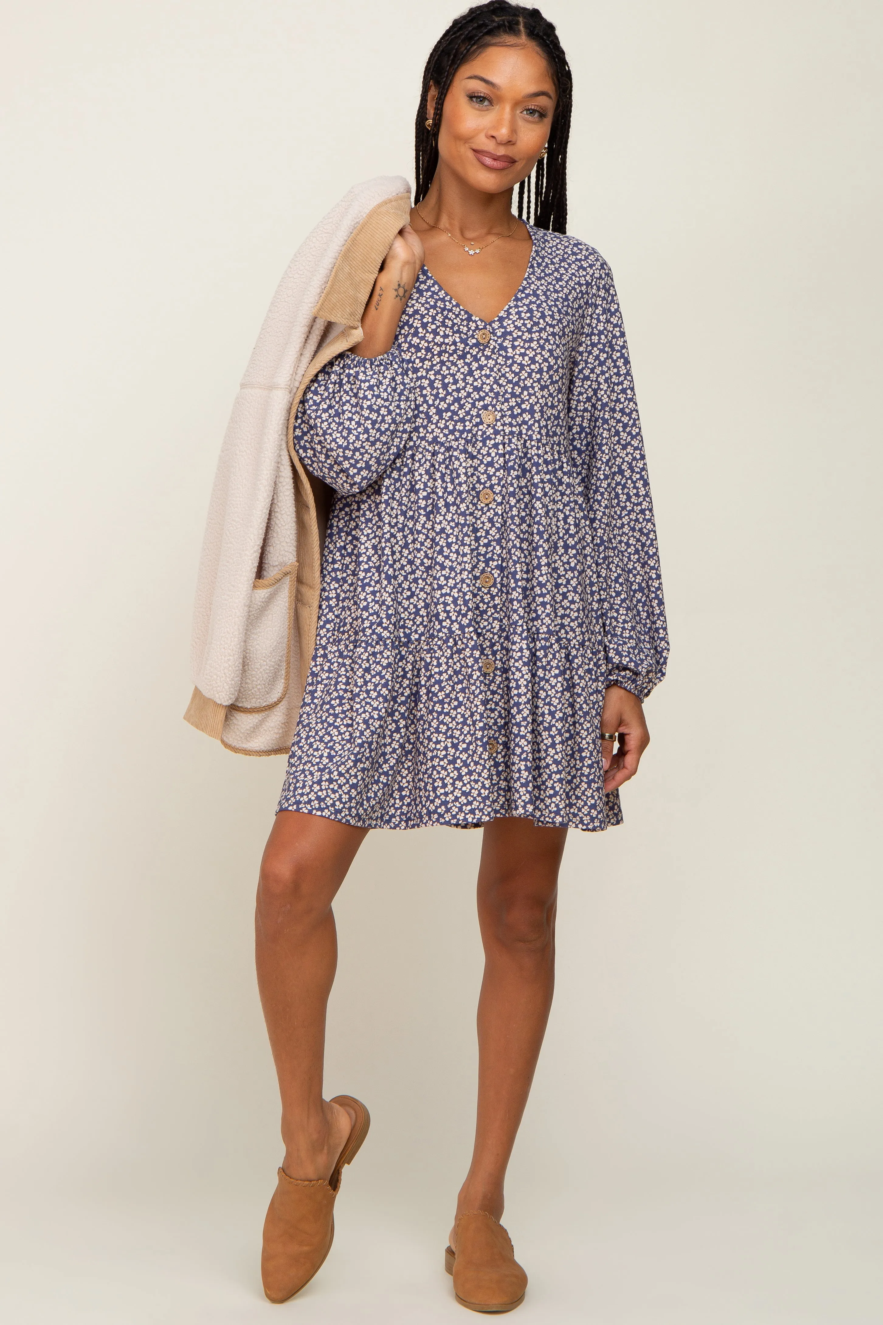 Navy Floral Long Sleeve Tiered Dress sold by Pinkblush product image thumbnail 4