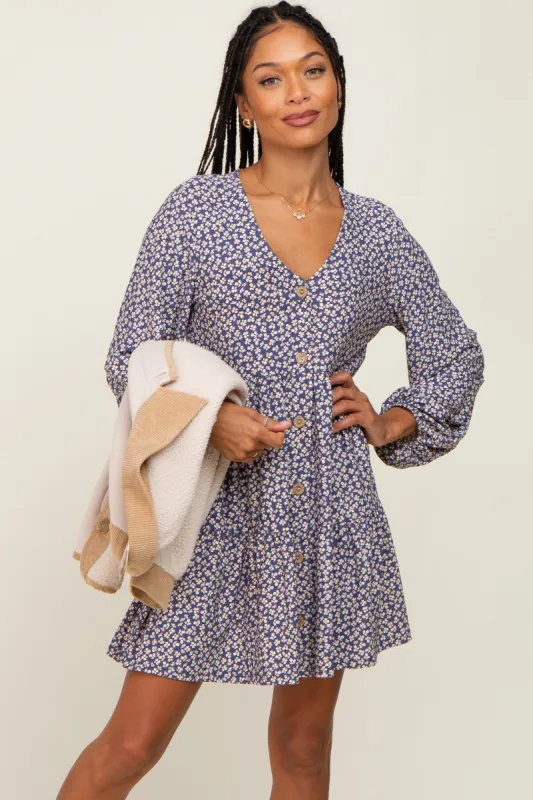 Navy Floral Long Sleeve Tiered Dress sold by Pinkblush