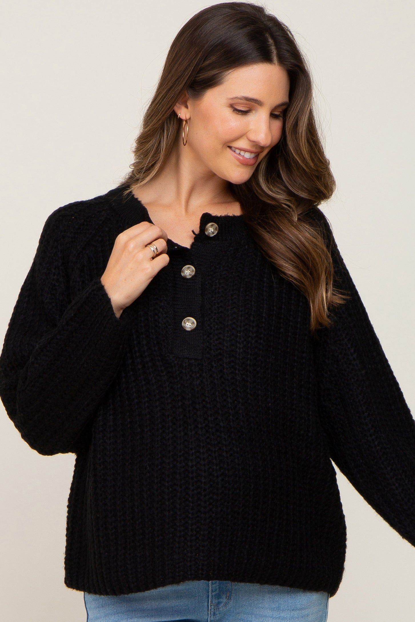 Black Open Knit Button Front Maternity Sweater sold by Pinkblush