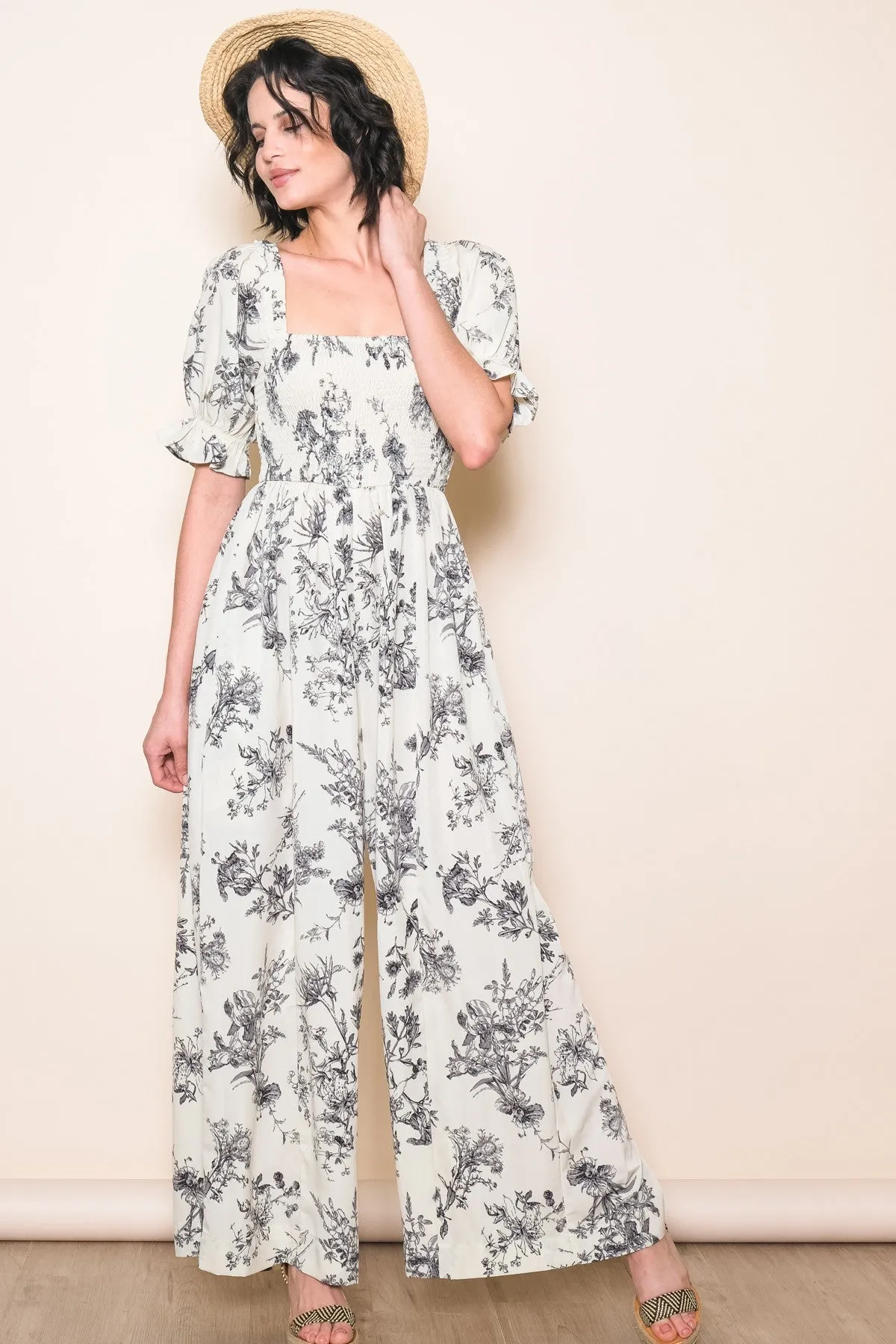 White Floral Smocked Square Neck Wide Leg Jumpsuit sold by Pinkblush product image thumbnail 3