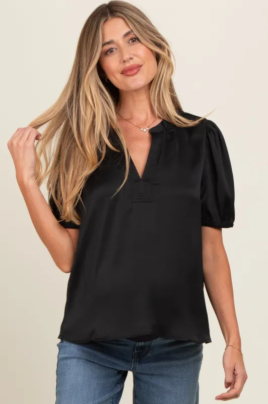 Black V-Neck Puff Sleeve Maternity Blouse sold by Pinkblush