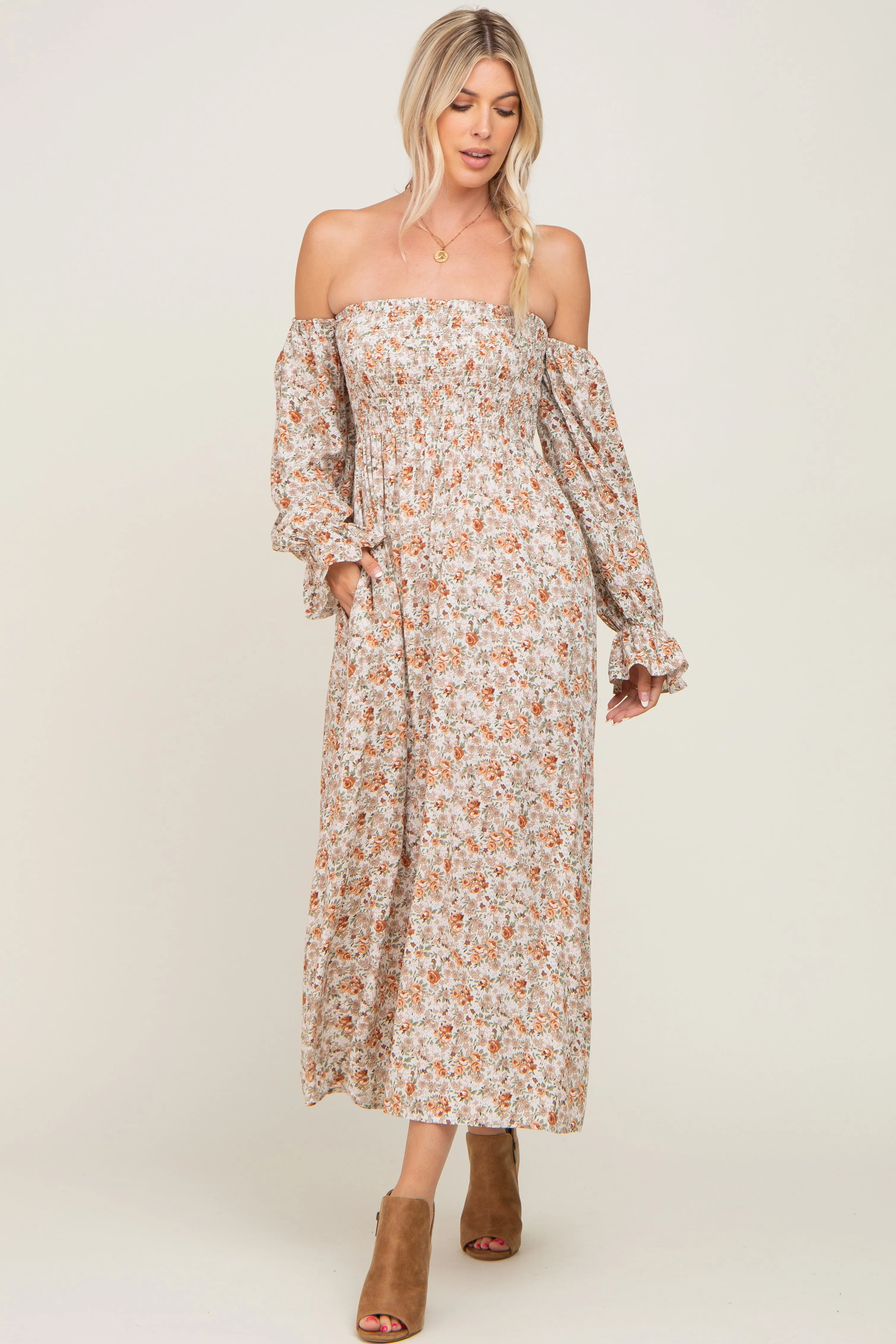 Taupe Floral Off Shoulder Long Sleeve Maxi Dress sold by Pinkblush