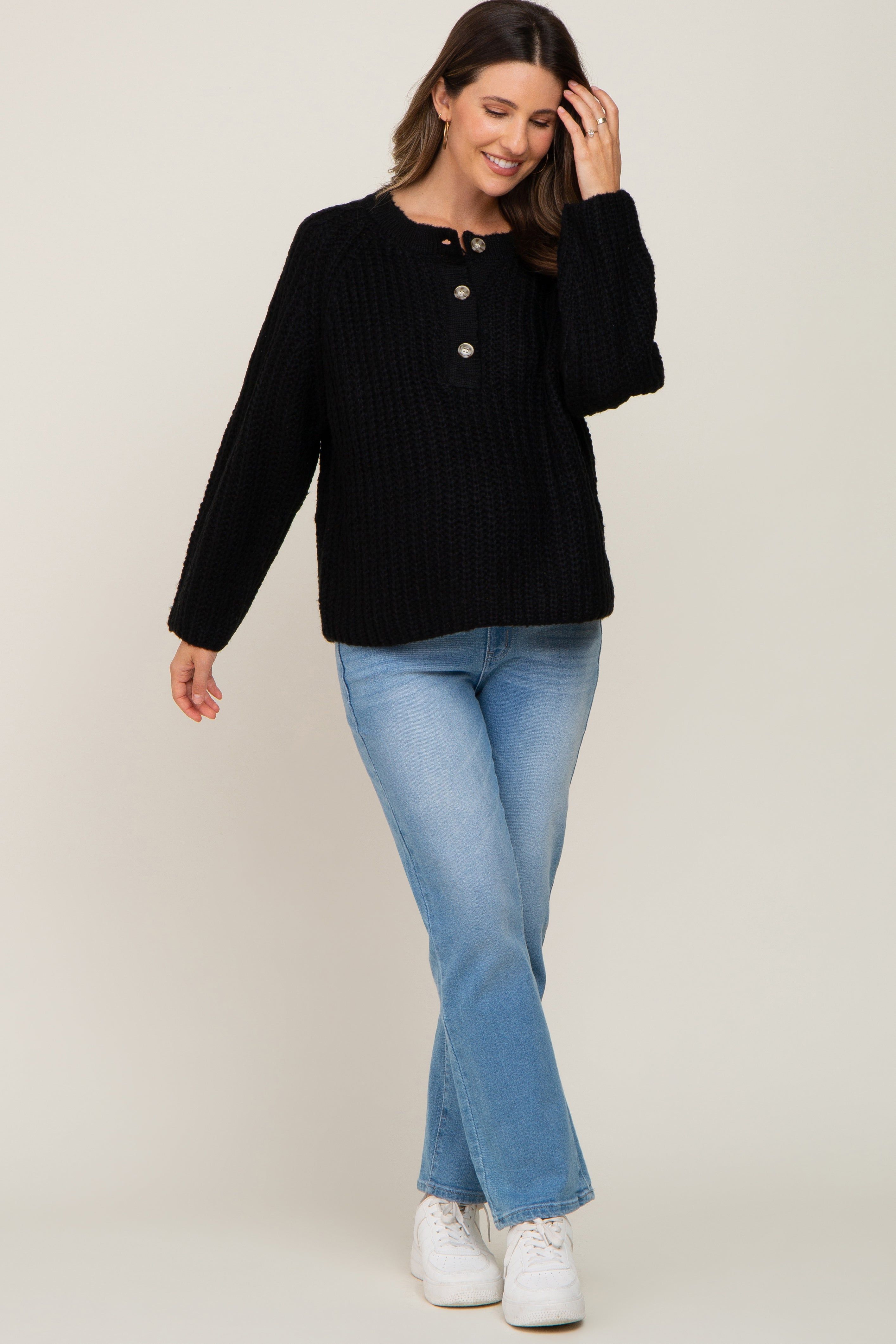 Black Open Knit Button Front Maternity Sweater sold by Pinkblush product image thumbnail 4