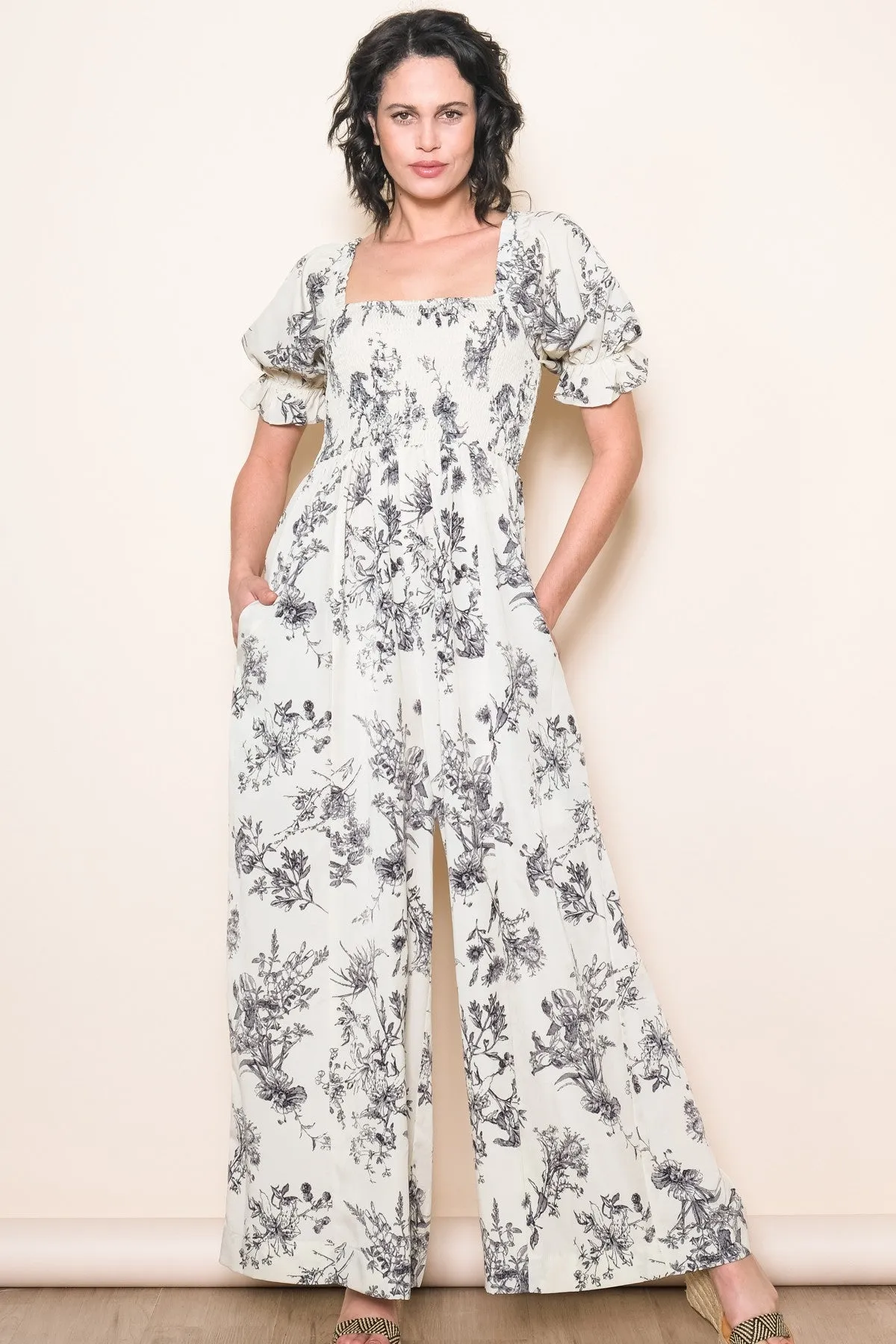 White Floral Smocked Square Neck Wide Leg Jumpsuit sold by Pinkblush