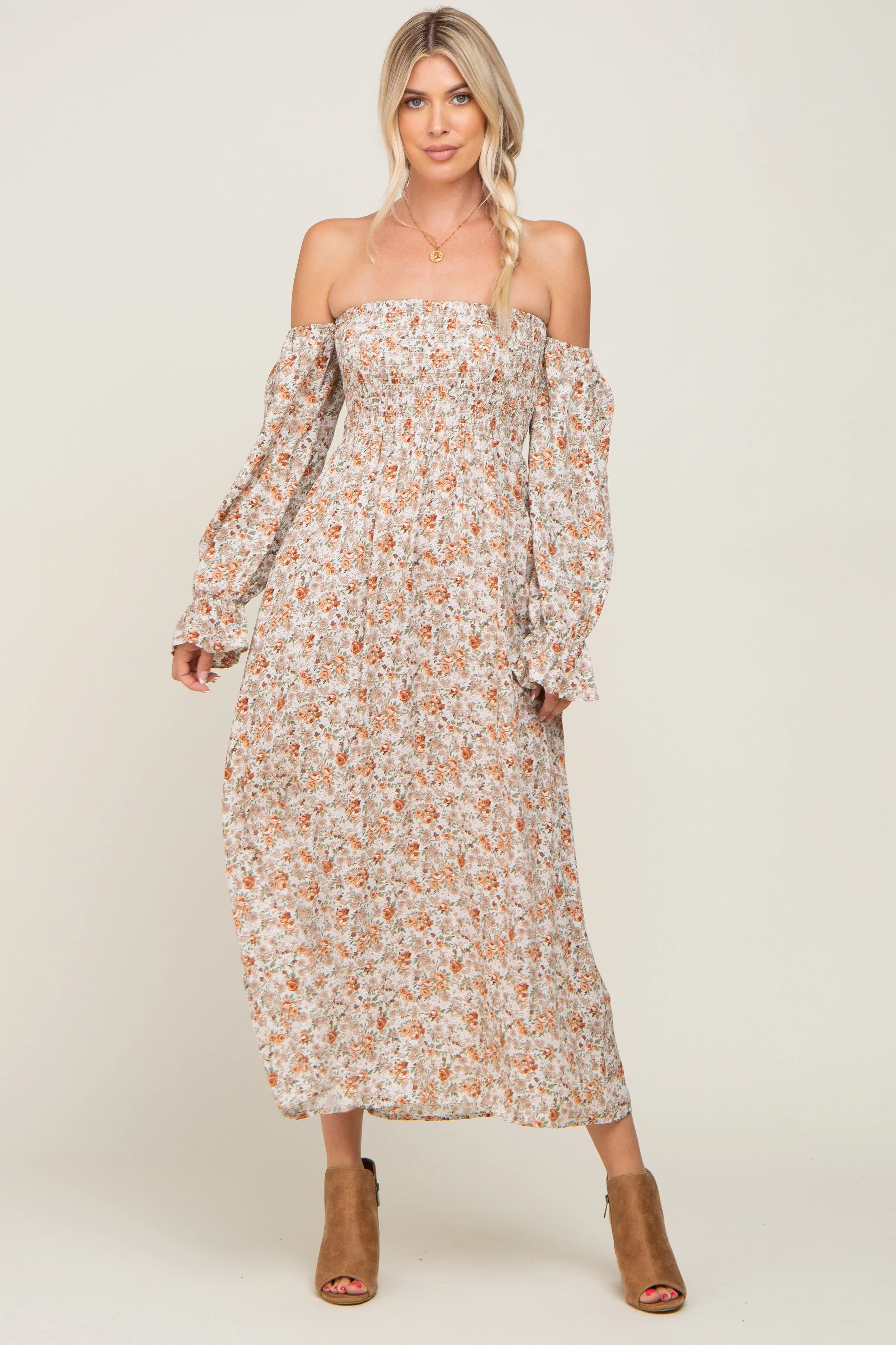 Taupe Floral Off Shoulder Long Sleeve Maxi Dress sold by Pinkblush product image thumbnail 5