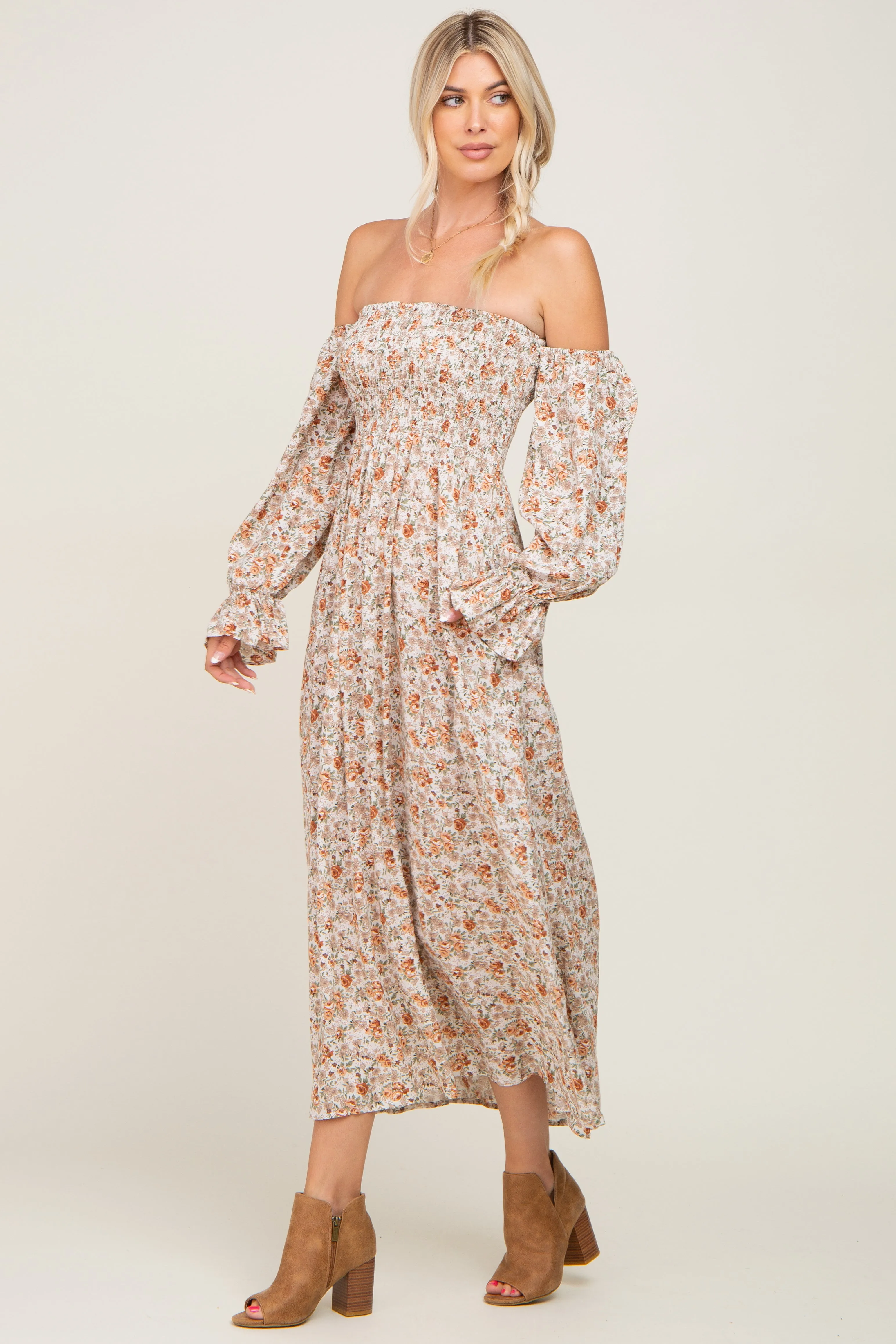 Taupe Floral Off Shoulder Long Sleeve Maxi Dress sold by Pinkblush product image thumbnail 2