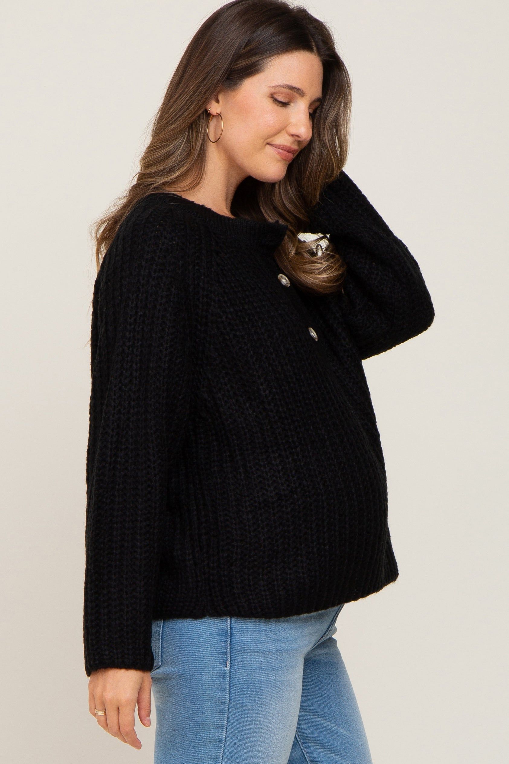 Black Open Knit Button Front Maternity Sweater sold by Pinkblush product image thumbnail 2