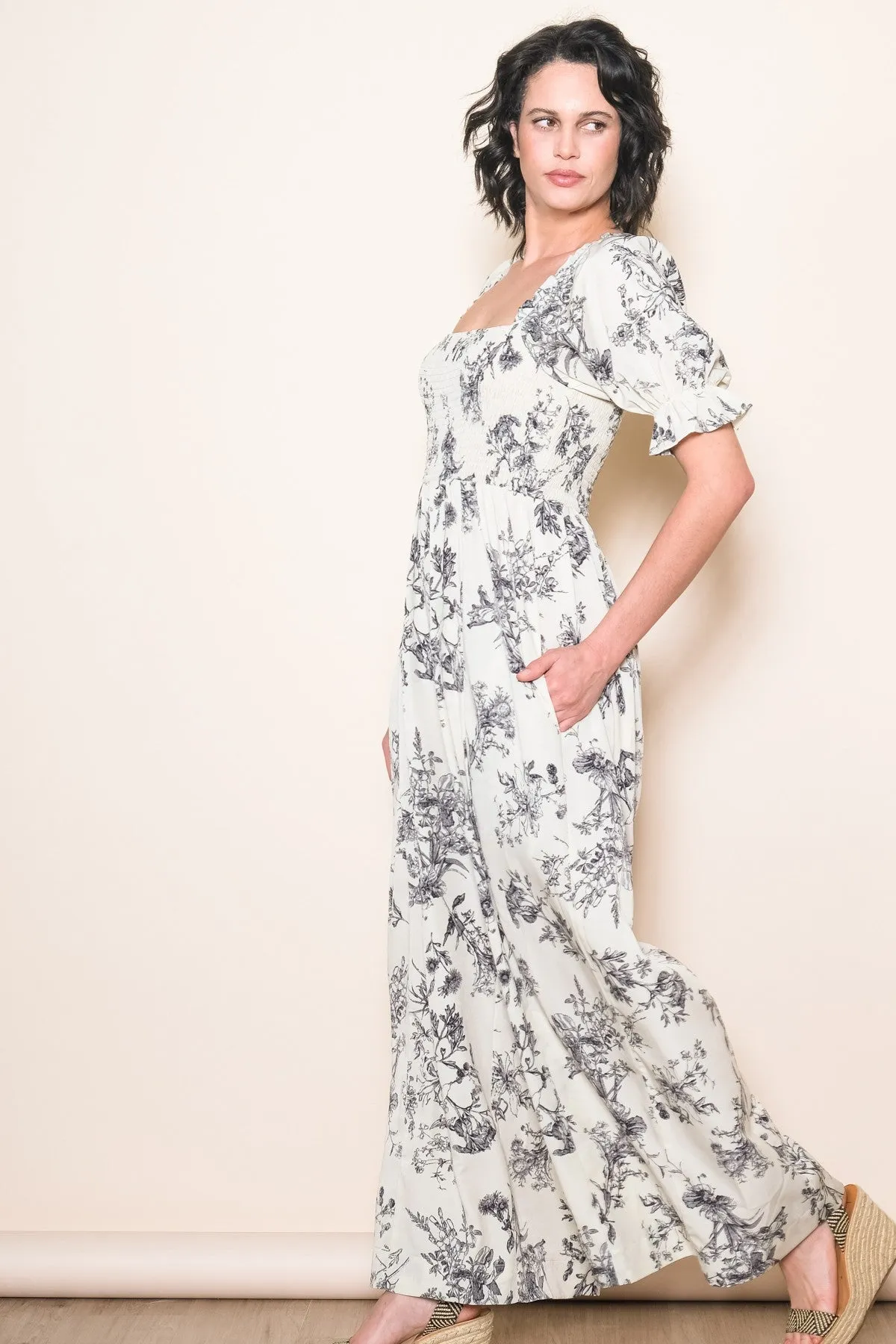 White Floral Smocked Square Neck Wide Leg Jumpsuit sold by Pinkblush product image thumbnail 2