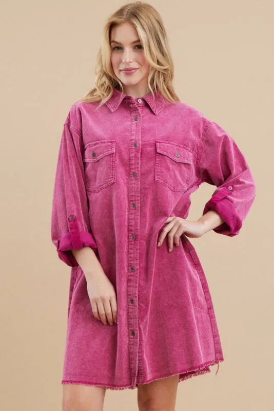 Magenta Corduroy Button Front Fringe Hem Dress sold by Pinkblush