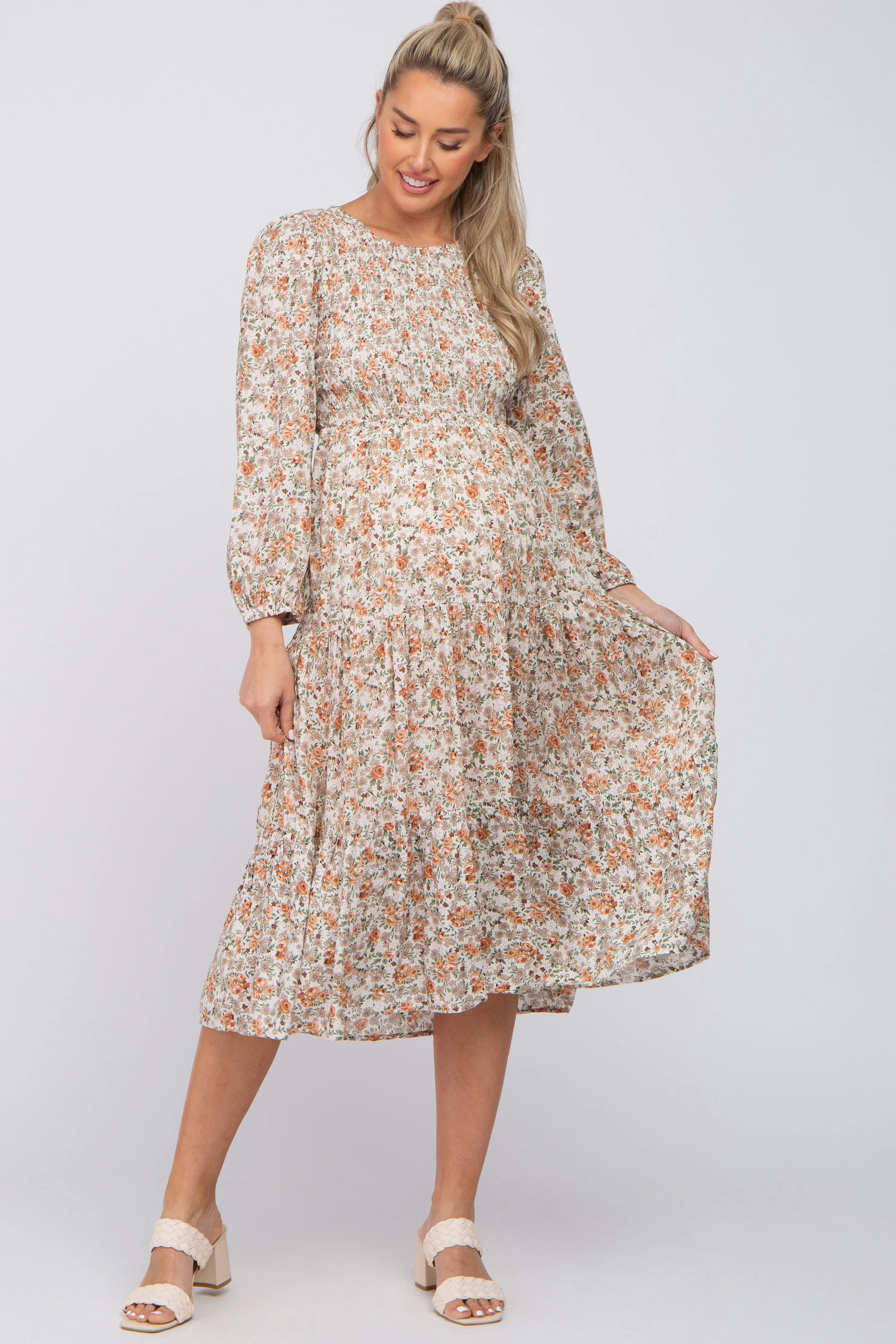 Cream Floral Smocked 3/4 Sleeve Maternity Midi Dress sold by Pinkblush