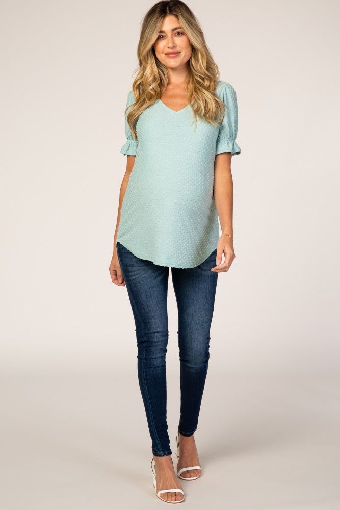 Mint Green Textured Polka Dot Short Ruffle Sleeve V-Neck Maternity Top sold by Pinkblush product image thumbnail 4