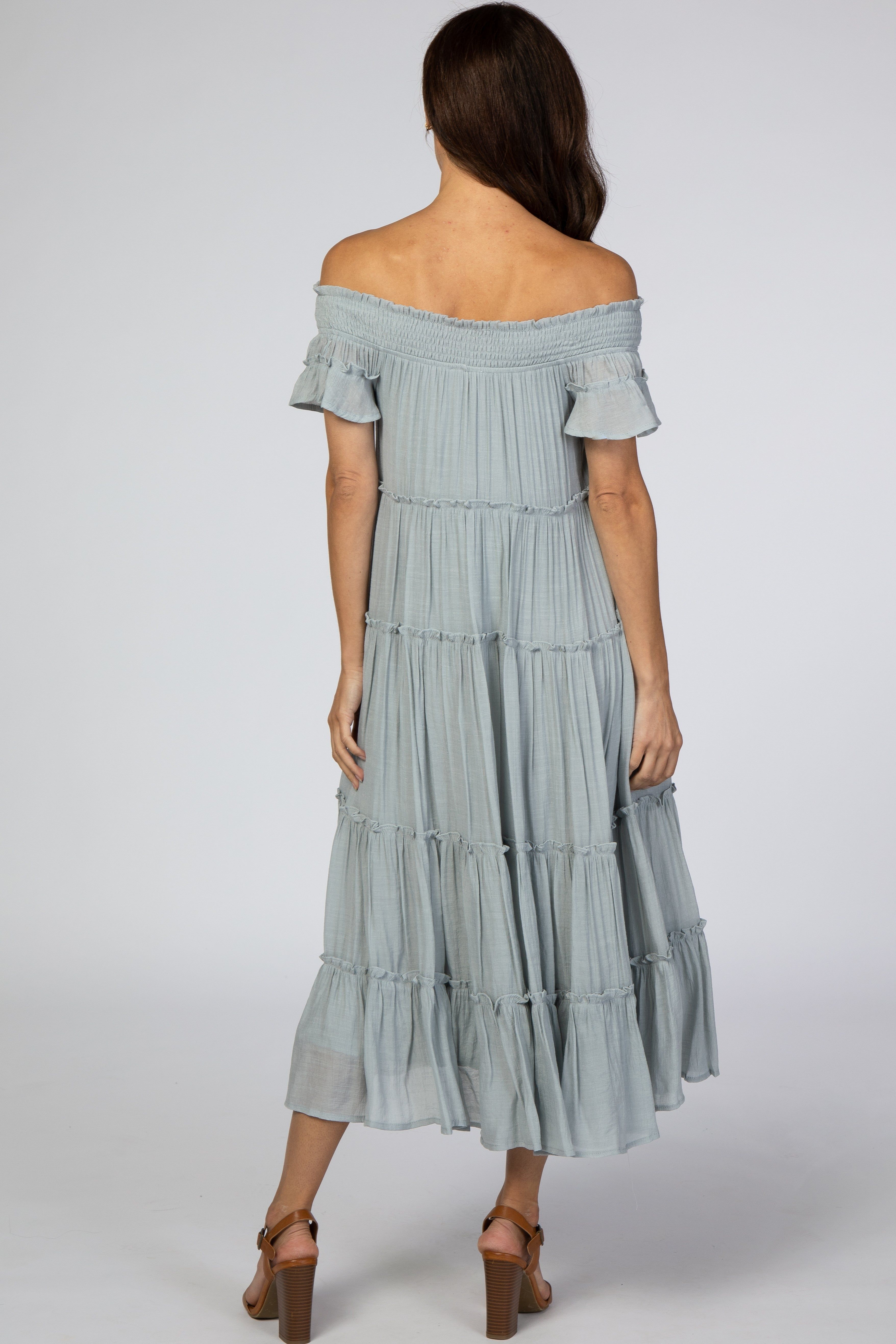 Blue Smocked Off Shoulder Ruffle Tiered Midi Dress sold by Pinkblush product image thumbnail 3