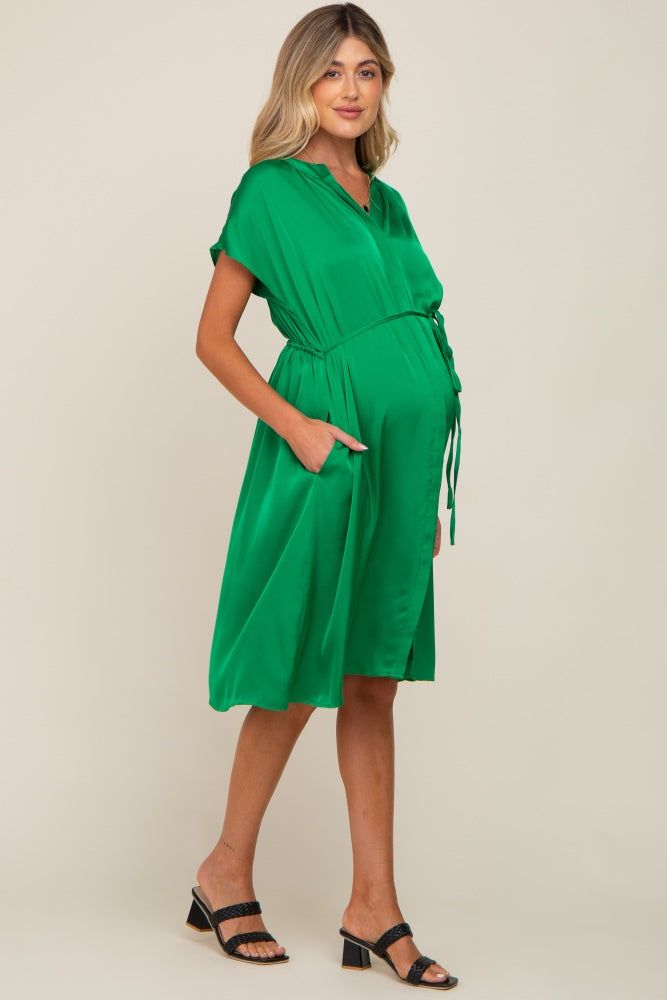 Green Satin Button Front Waist Tie Maternity Midi Dress sold by Pinkblush product image thumbnail 3