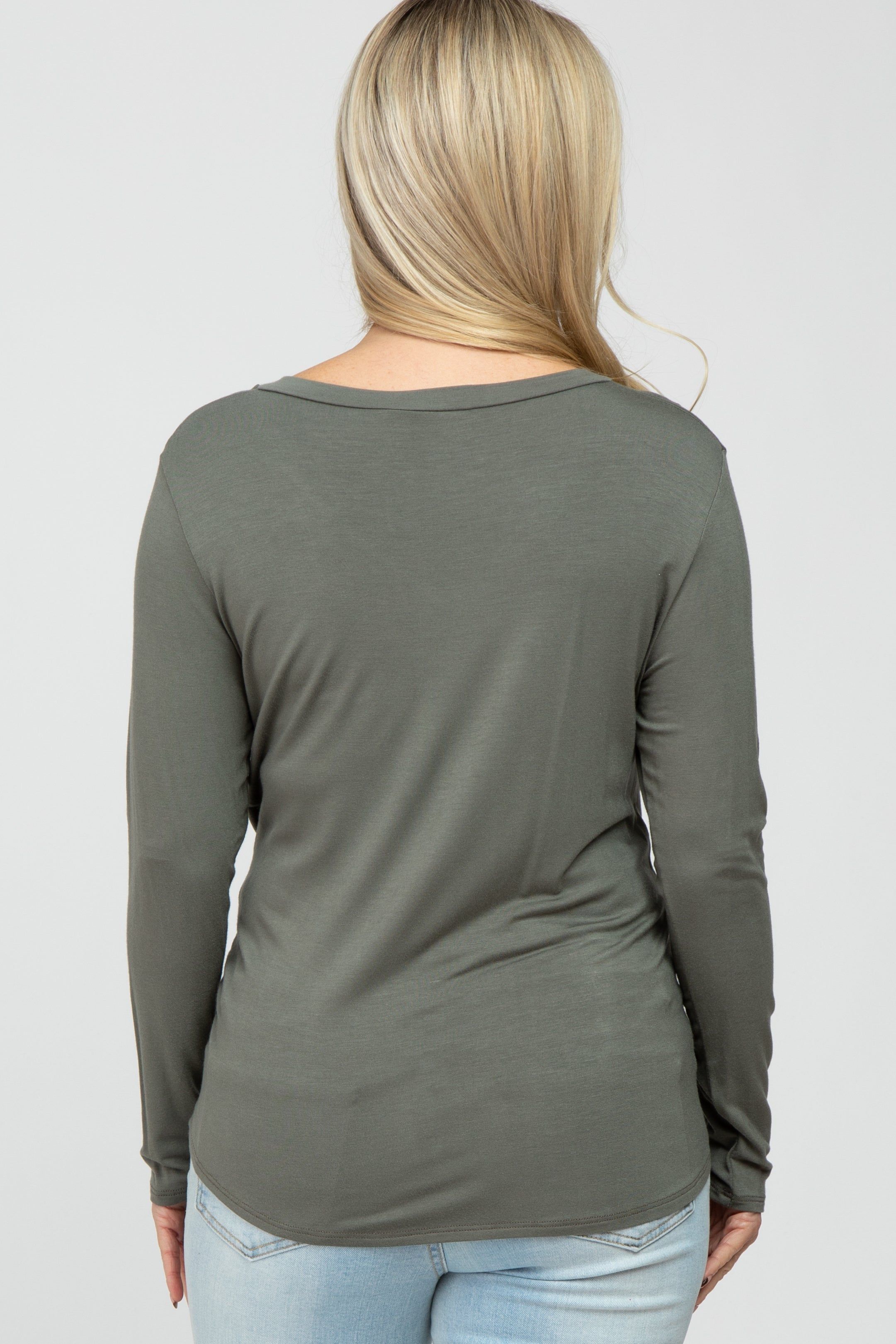 Olive V-Neck Round Hem Long Sleeve Maternity Top sold by Pinkblush product image thumbnail 4