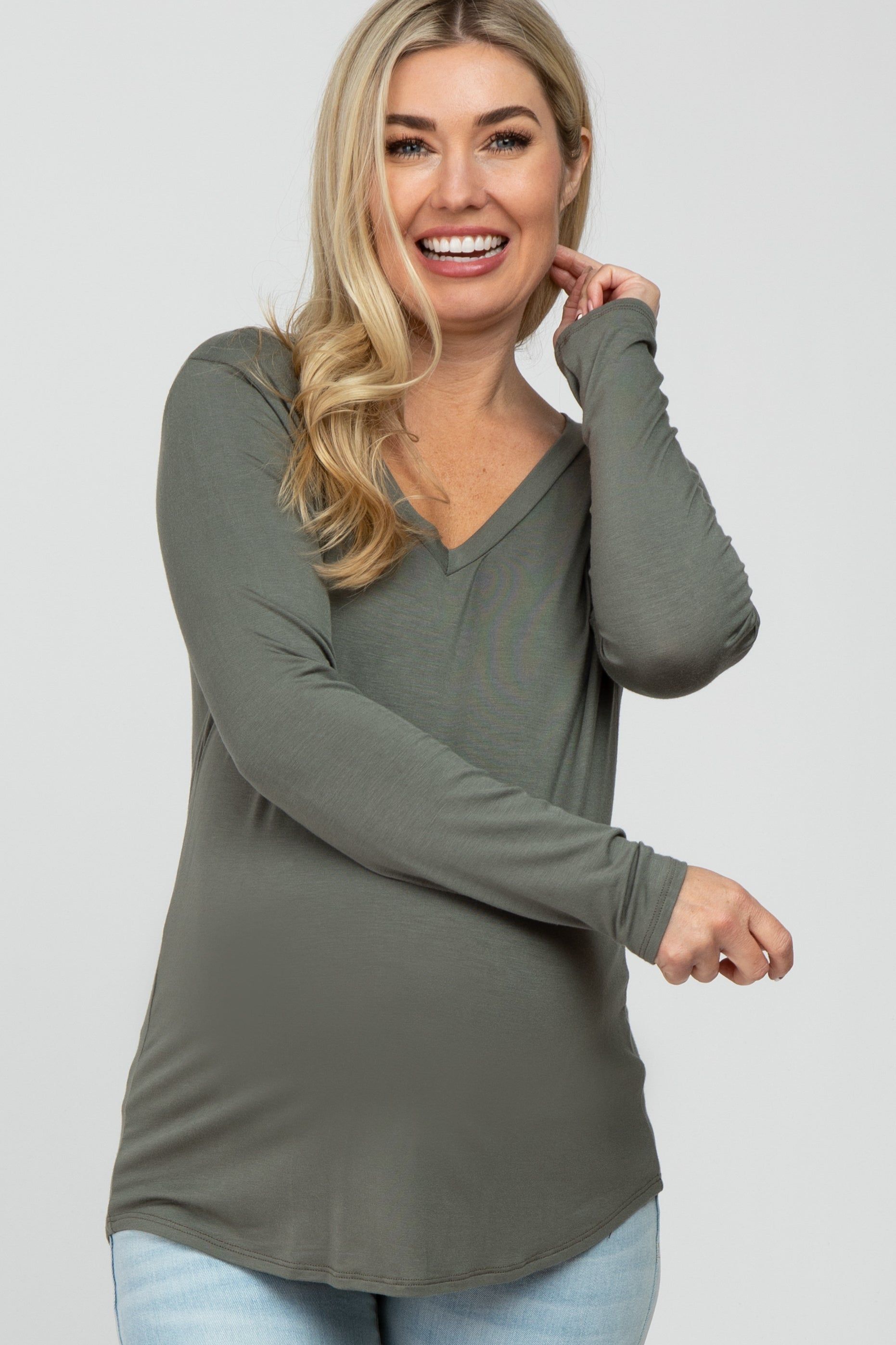 Olive V-Neck Round Hem Long Sleeve Maternity Top sold by Pinkblush