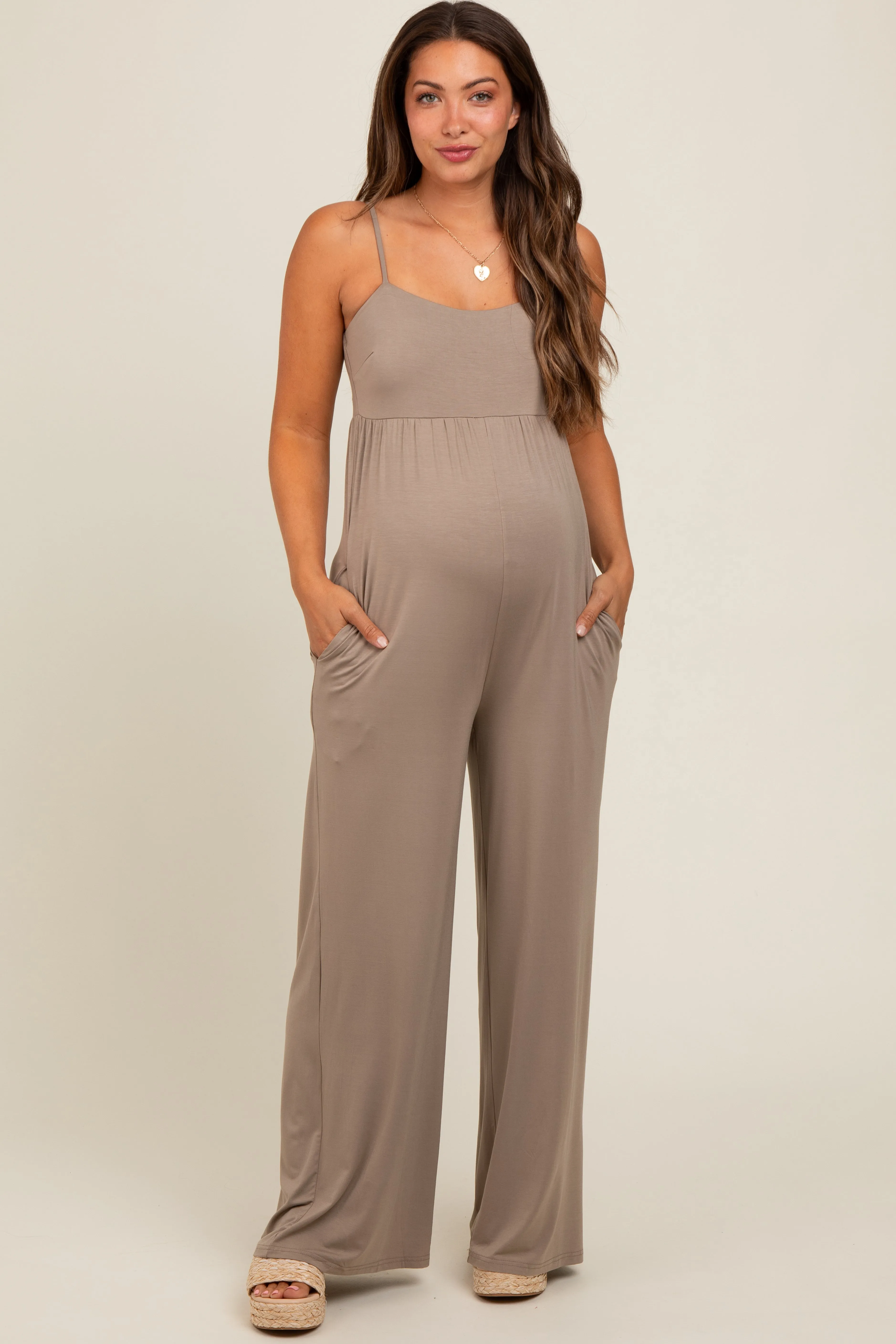 Mocha Wide Leg Maternity Jumpsuit sold by Pinkblush