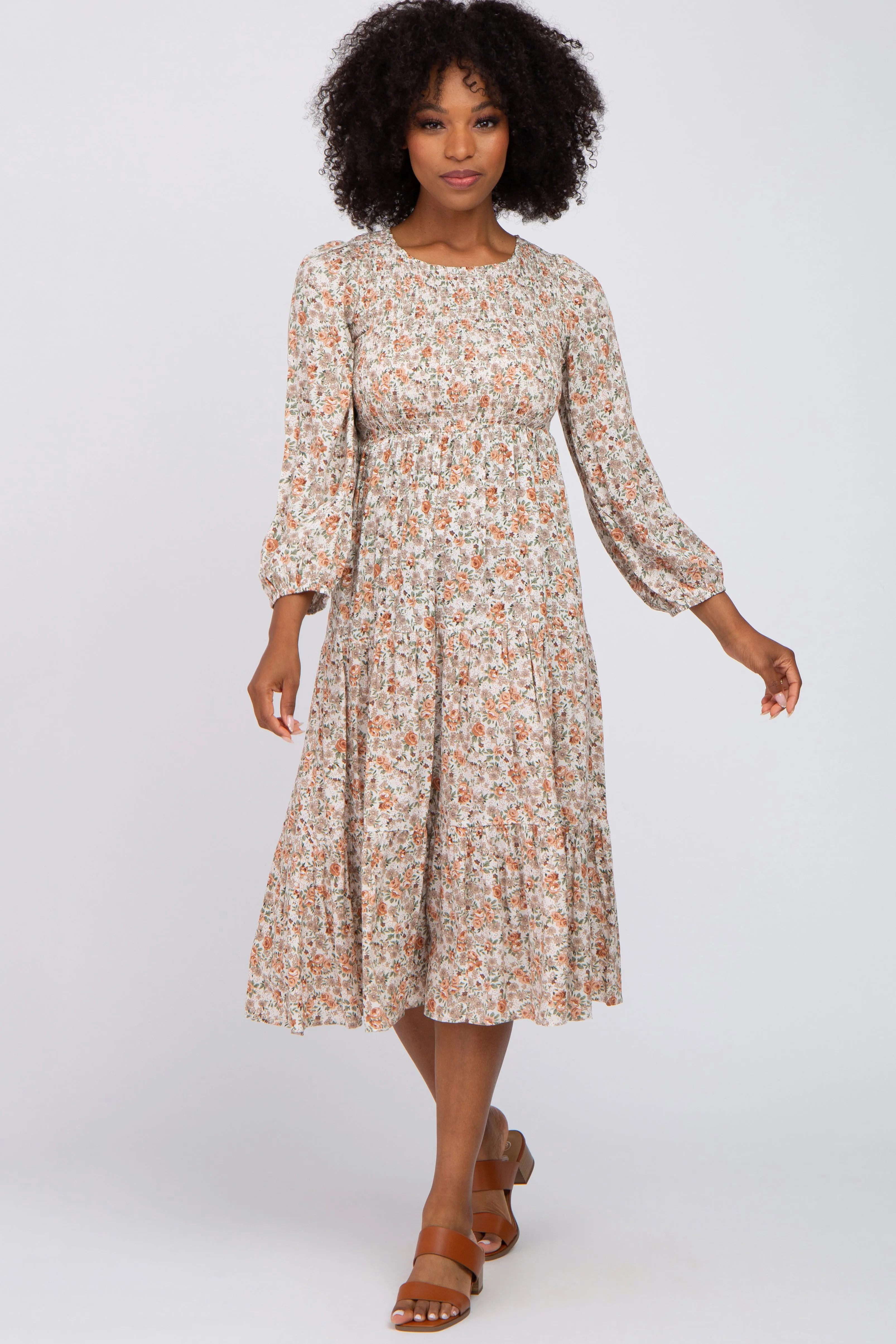 Cream Floral Smocked 3/4 Sleeve Maternity Midi Dress sold by Pinkblush product image thumbnail 5