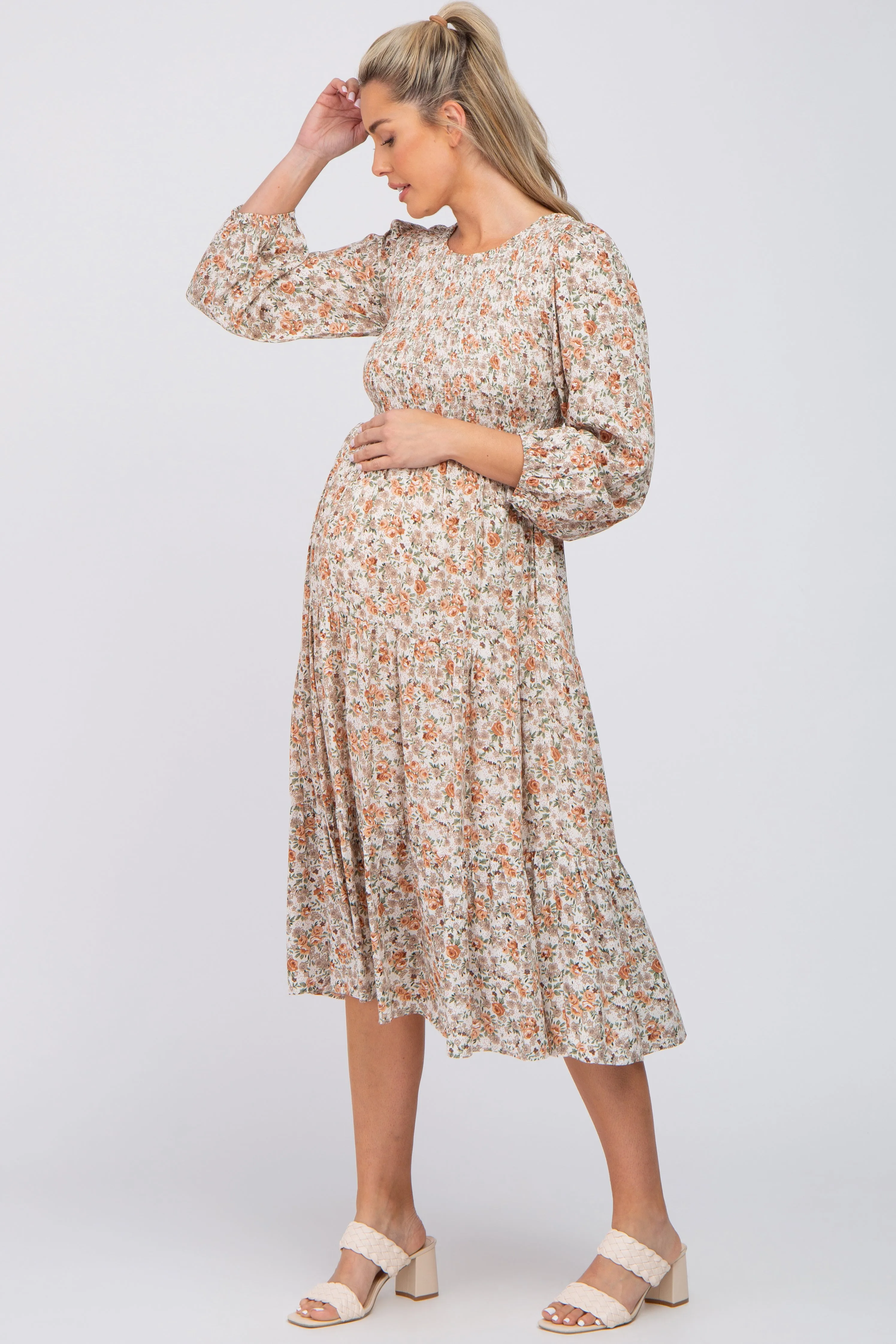 Cream Floral Smocked 3/4 Sleeve Maternity Midi Dress sold by Pinkblush product image thumbnail 2