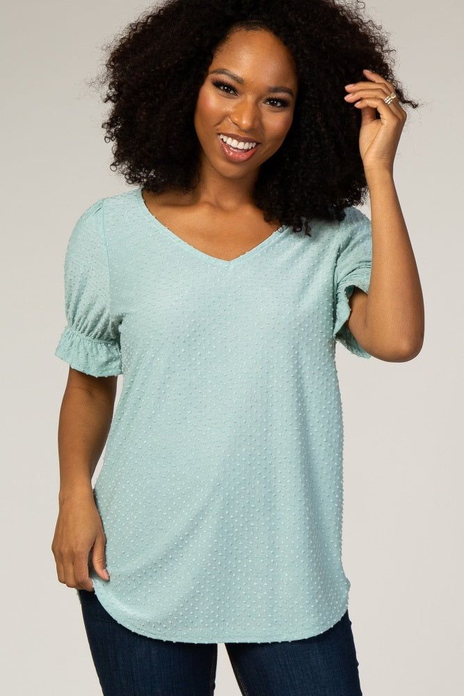 Mint Green Textured Polka Dot Short Ruffle Sleeve V-Neck Maternity Top sold by Pinkblush product image thumbnail 5