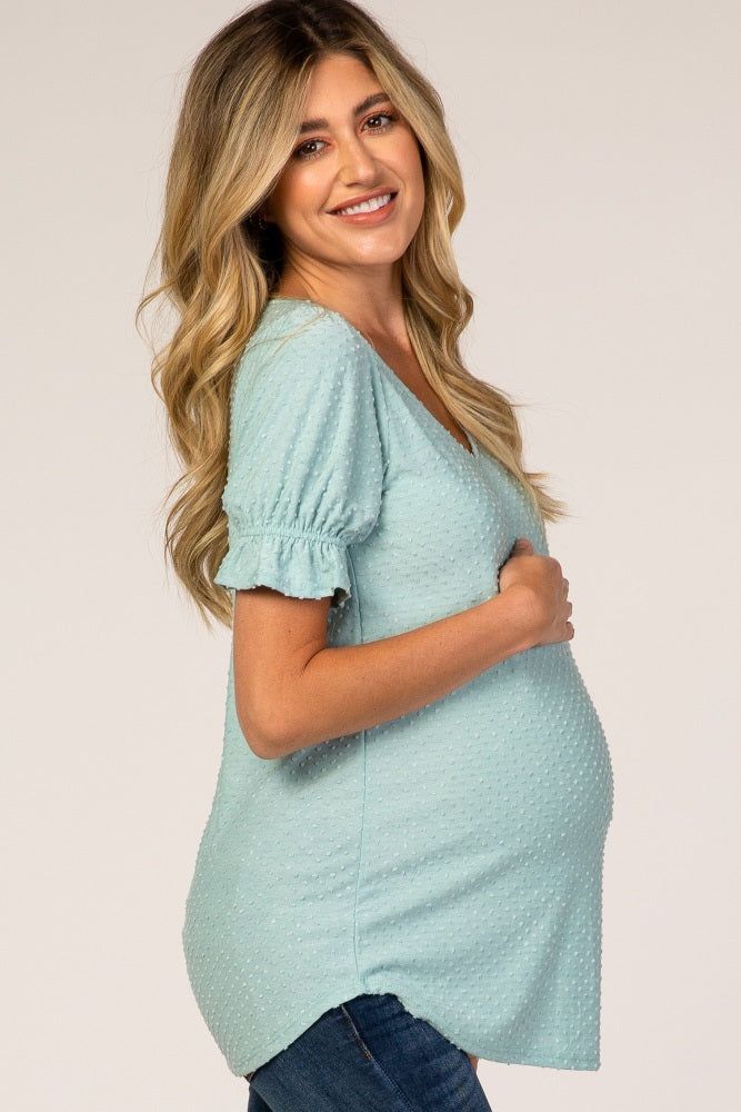 Mint Green Textured Polka Dot Short Ruffle Sleeve V-Neck Maternity Top sold by Pinkblush product image thumbnail 2