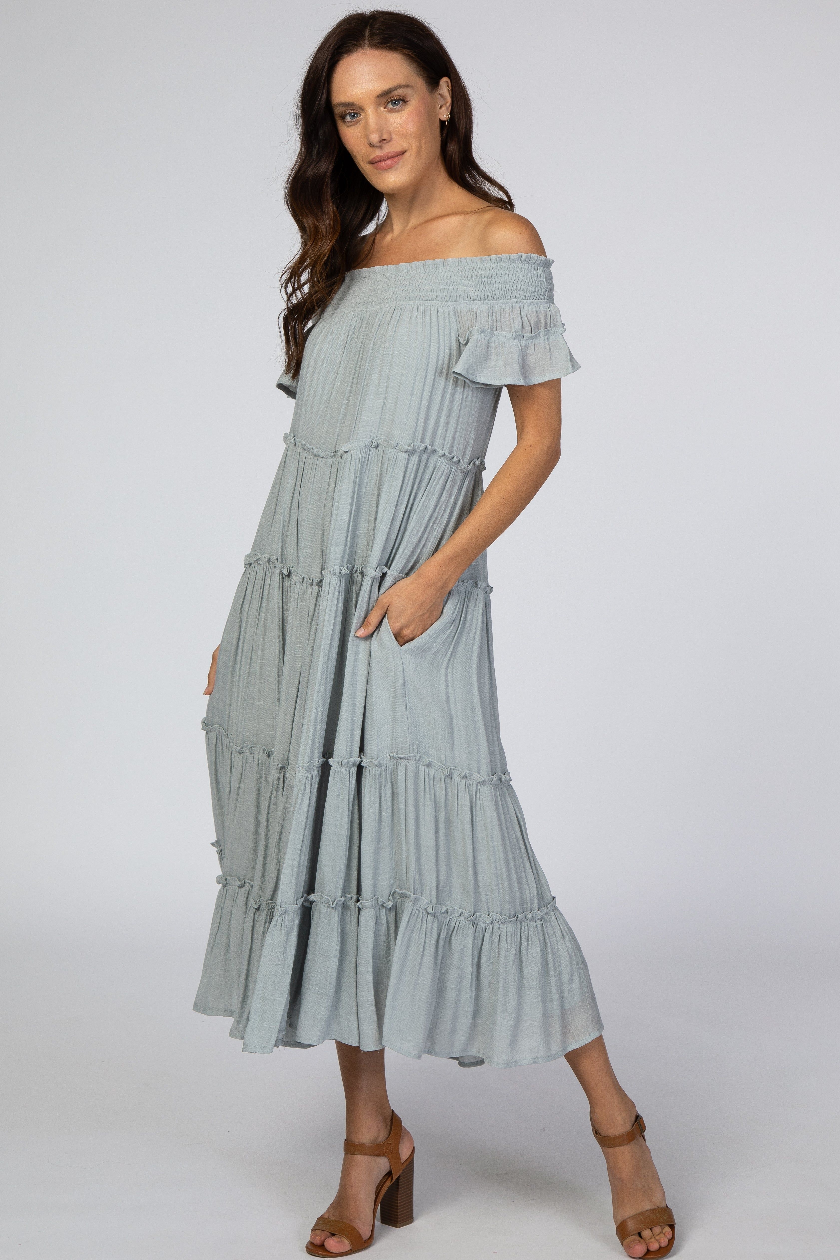 Blue Smocked Off Shoulder Ruffle Tiered Midi Dress sold by Pinkblush