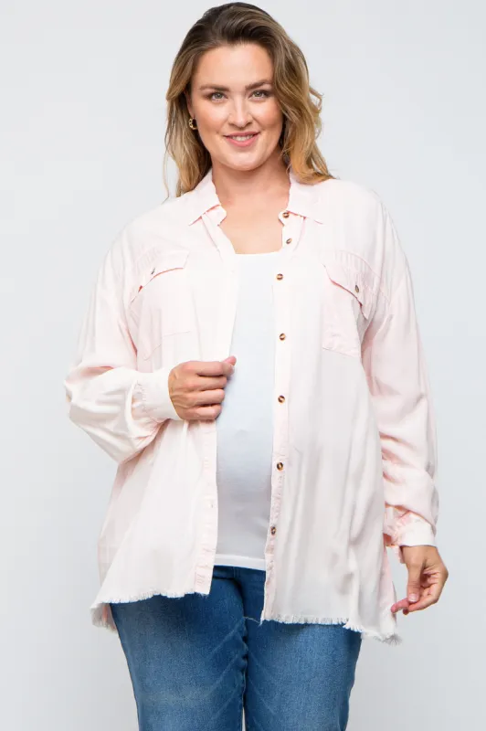 Peach Button Up Fringe Hem Maternity Plus Top sold by Pinkblush