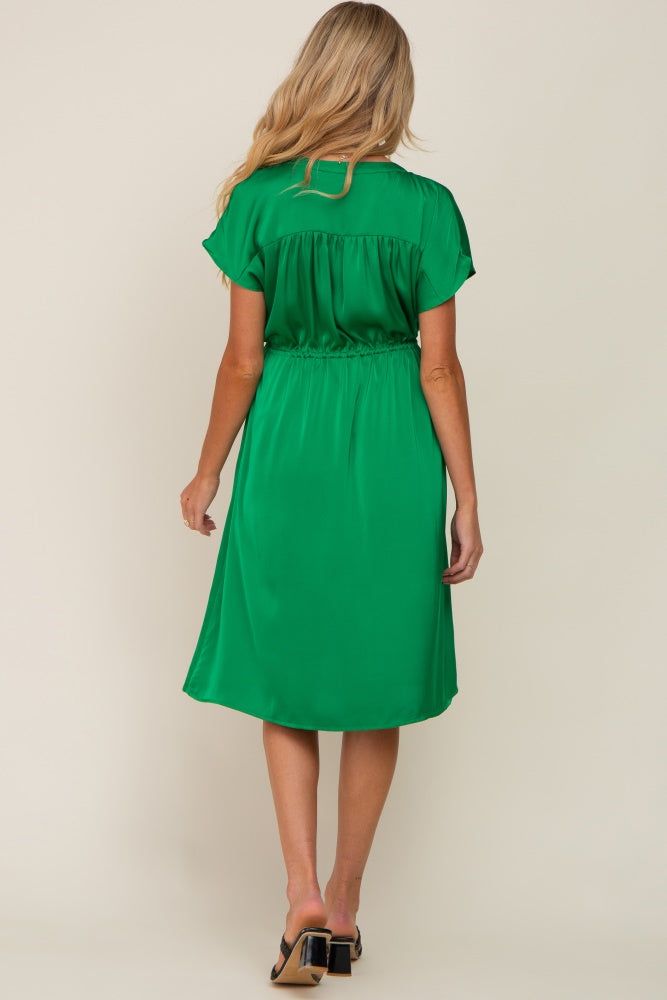 Green Satin Button Front Waist Tie Maternity Midi Dress sold by Pinkblush product image thumbnail 4